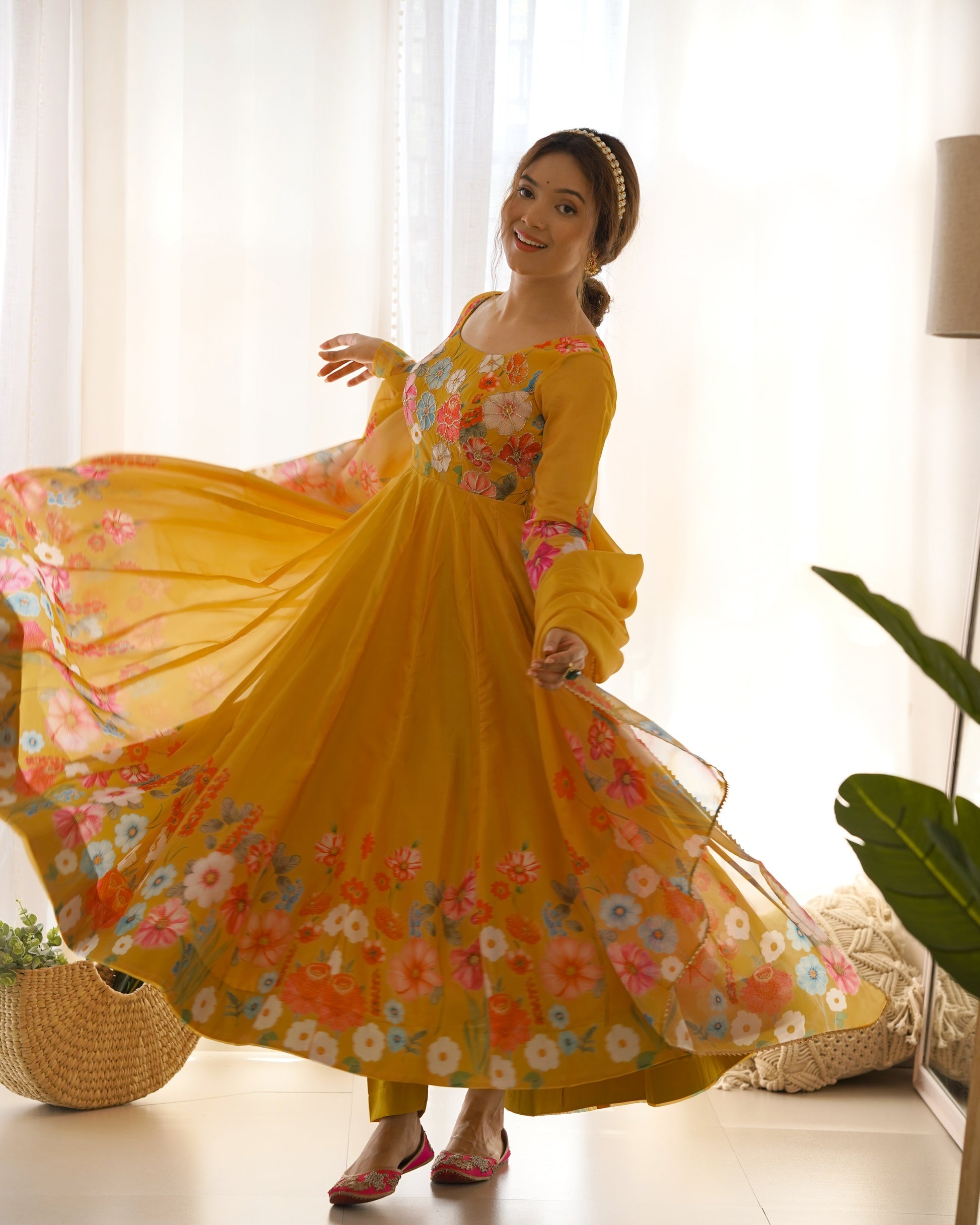 Womenline Yellow Color Floral Print Organza Three Piece Anarkali Suit