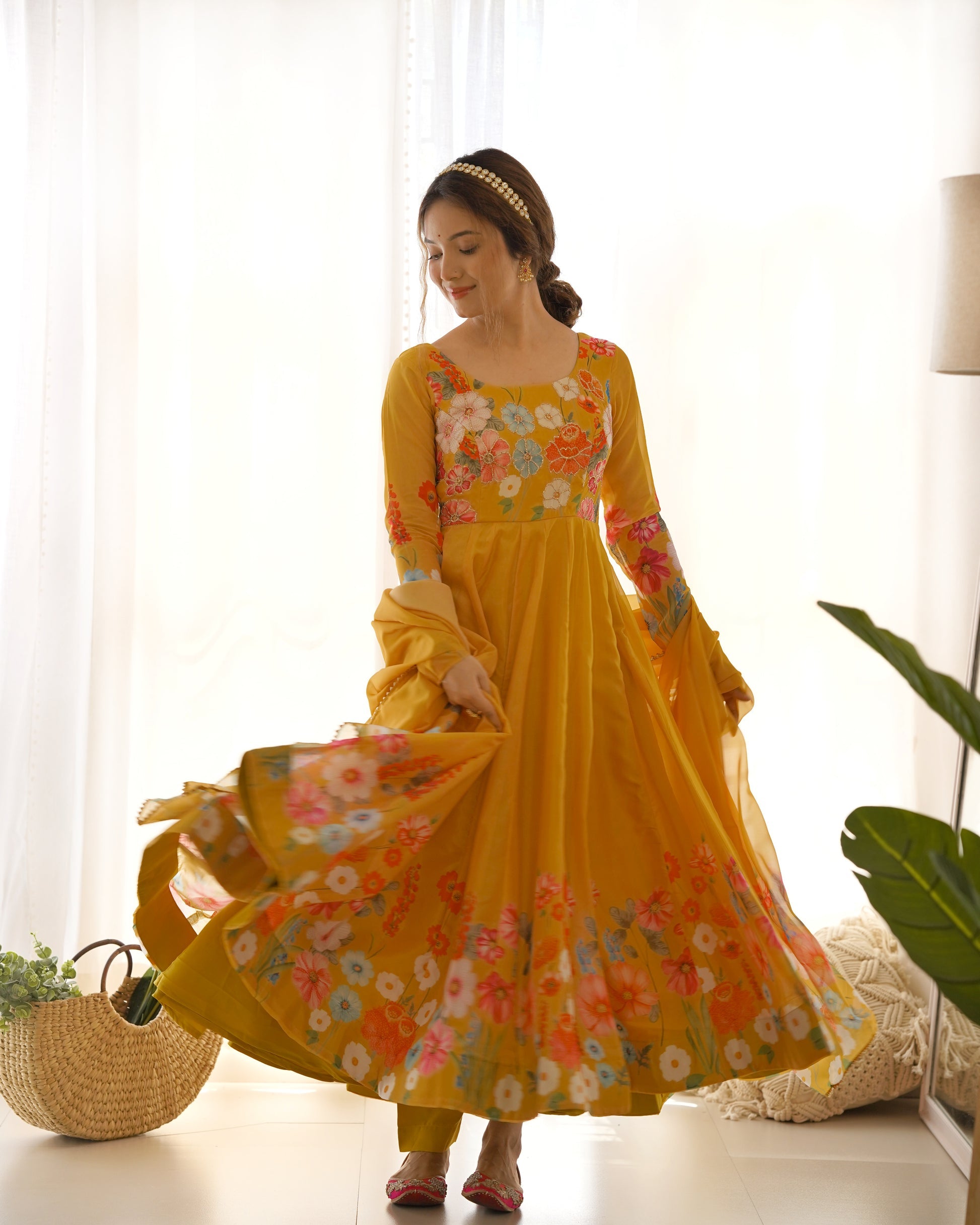 Womenline Yellow Color Floral Print Organza Three Piece Anarkali Suit