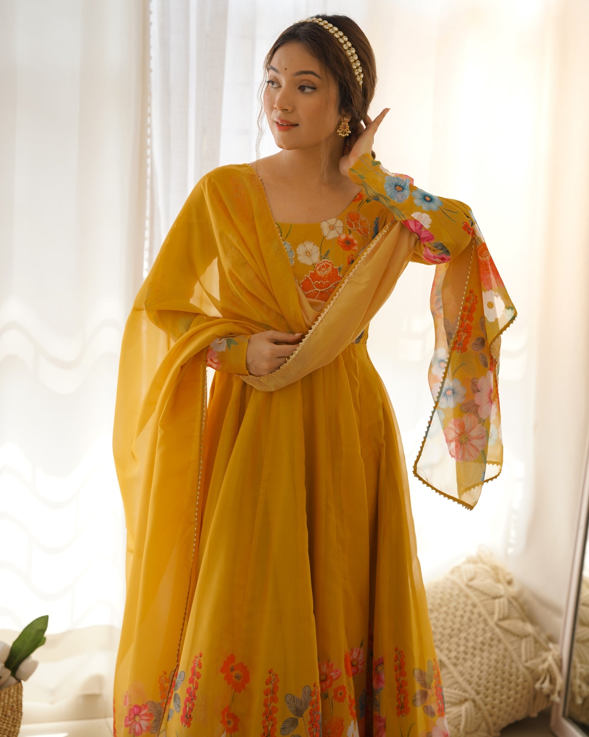 Womenline Yellow Color Floral Print Organza Three Piece Anarkali Suit