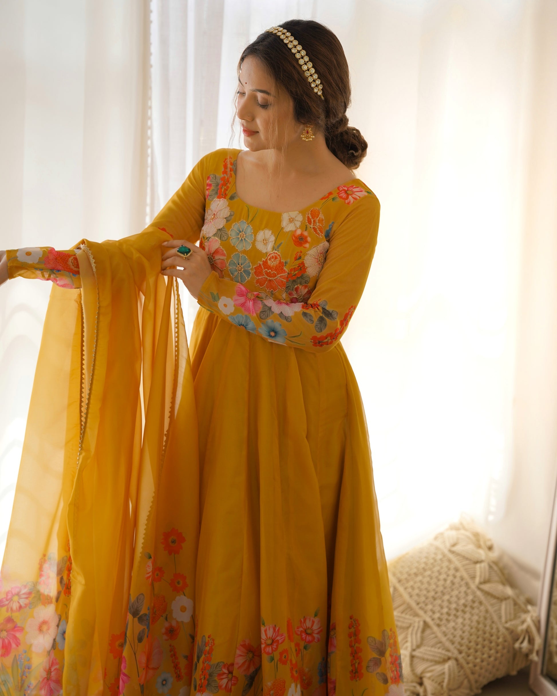 Womenline Yellow Color Floral Print Organza Three Piece Anarkali Suit