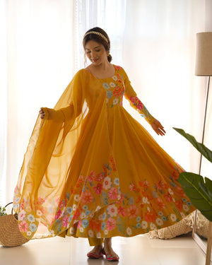 Womenline Yellow Color Floral Print Organza Three Piece Anarkali Suit