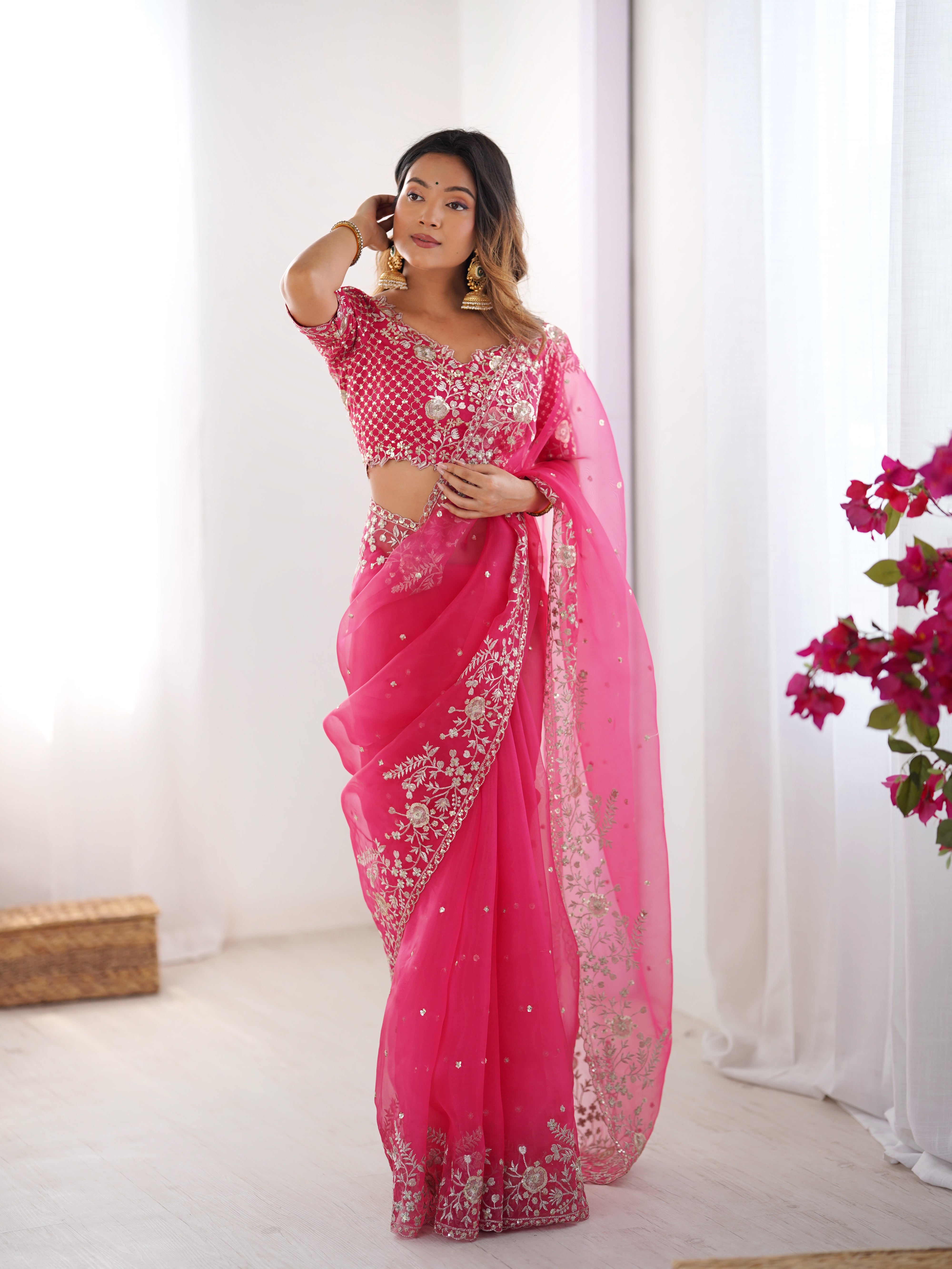 Womenline Elegant Rani Pink Embroidered Saree Set