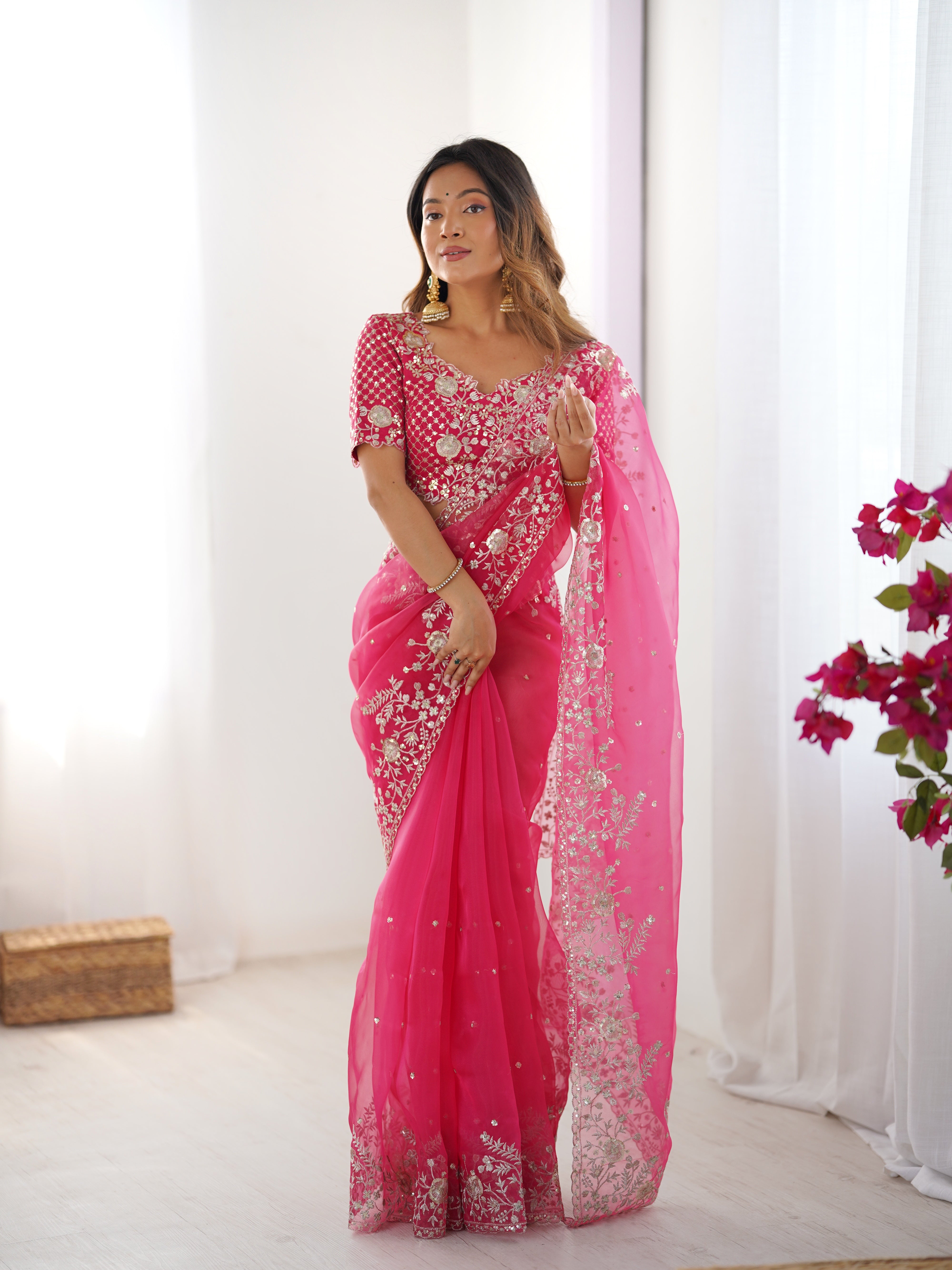 Womenline Elegant Rani Pink Embroidered Saree Set