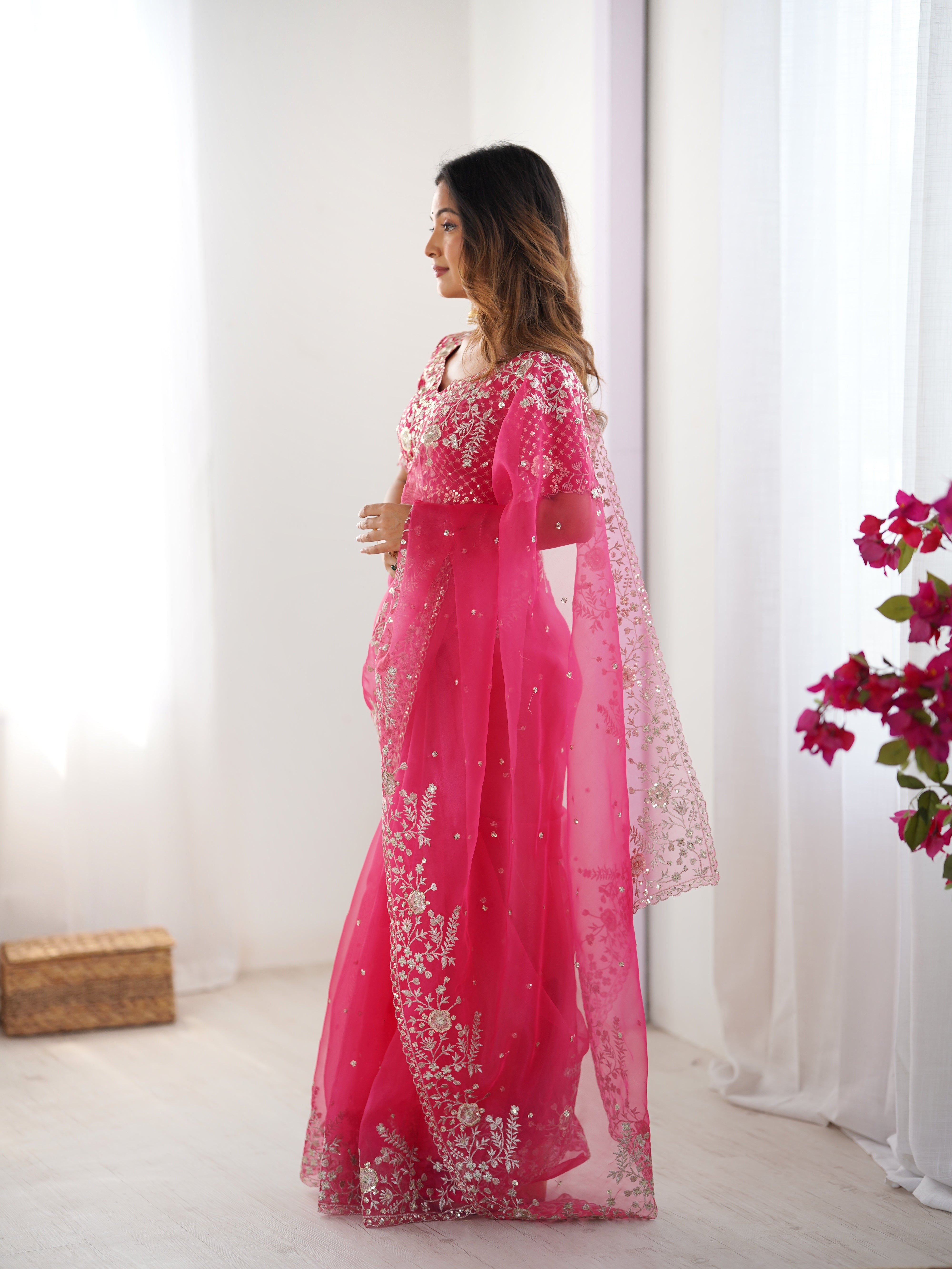 Womenline Elegant Rani Pink Embroidered Saree Set