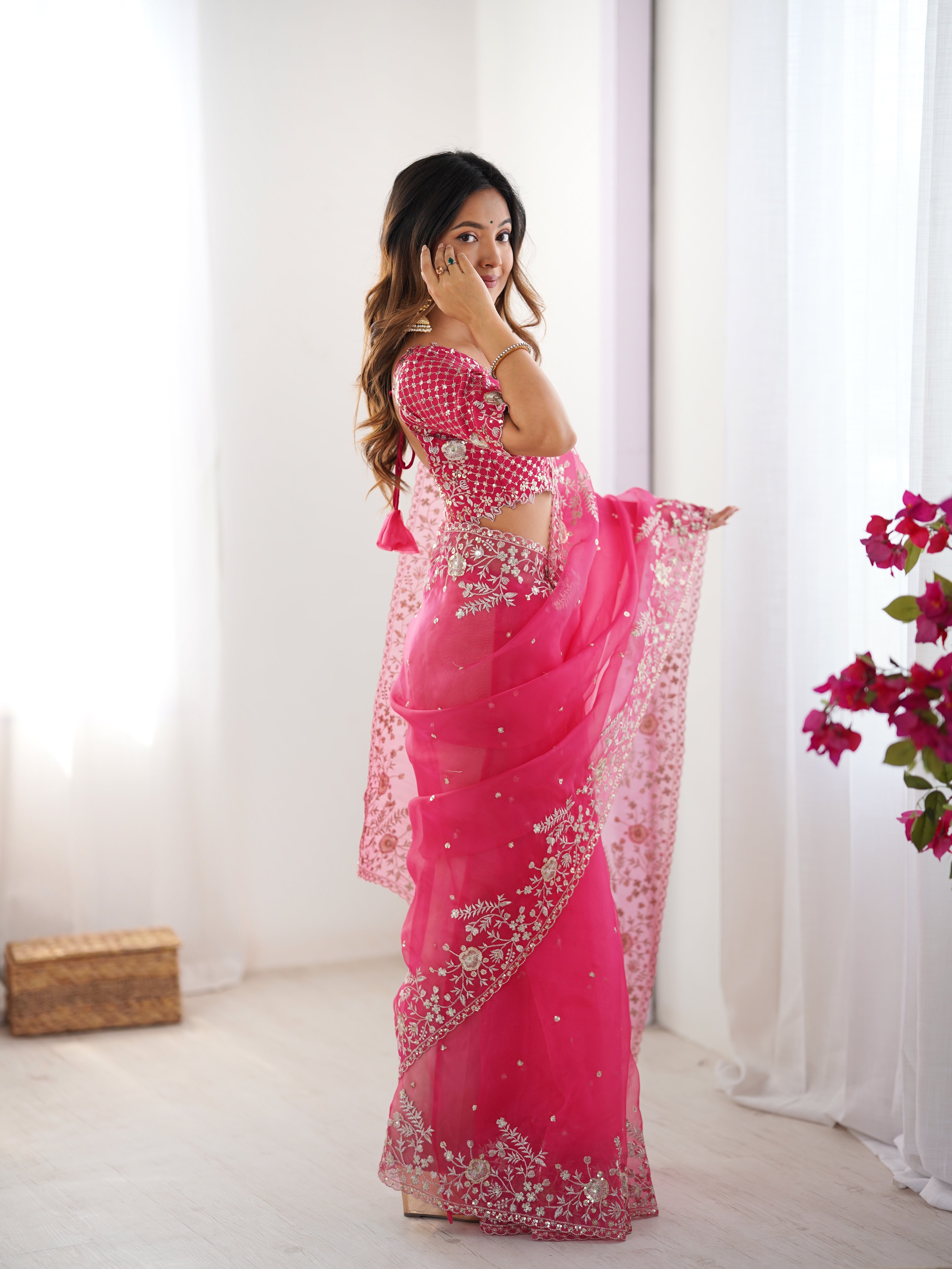 Womenline Elegant Rani Pink Embroidered Saree Set