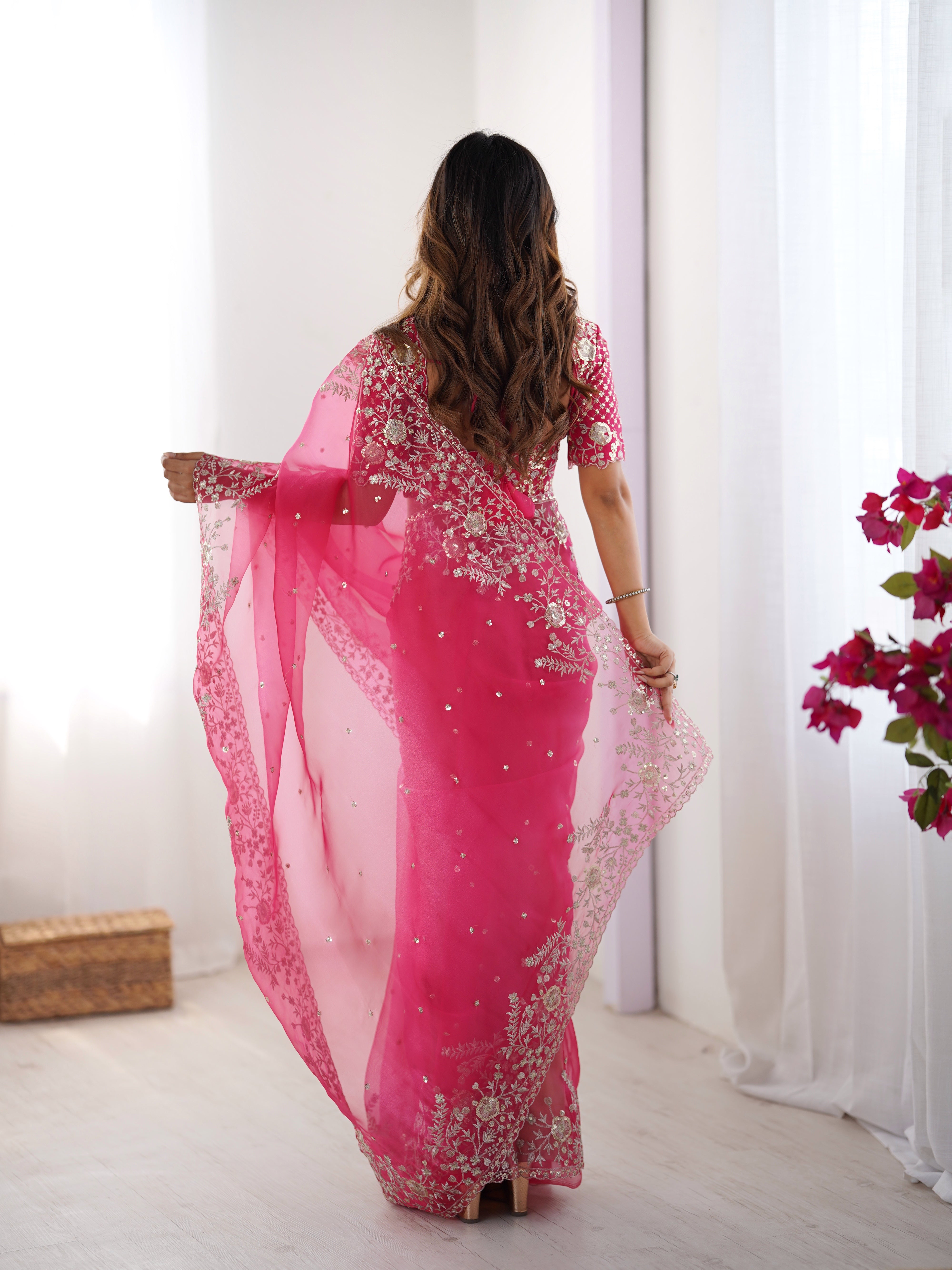 Womenline Elegant Rani Pink Embroidered Saree Set