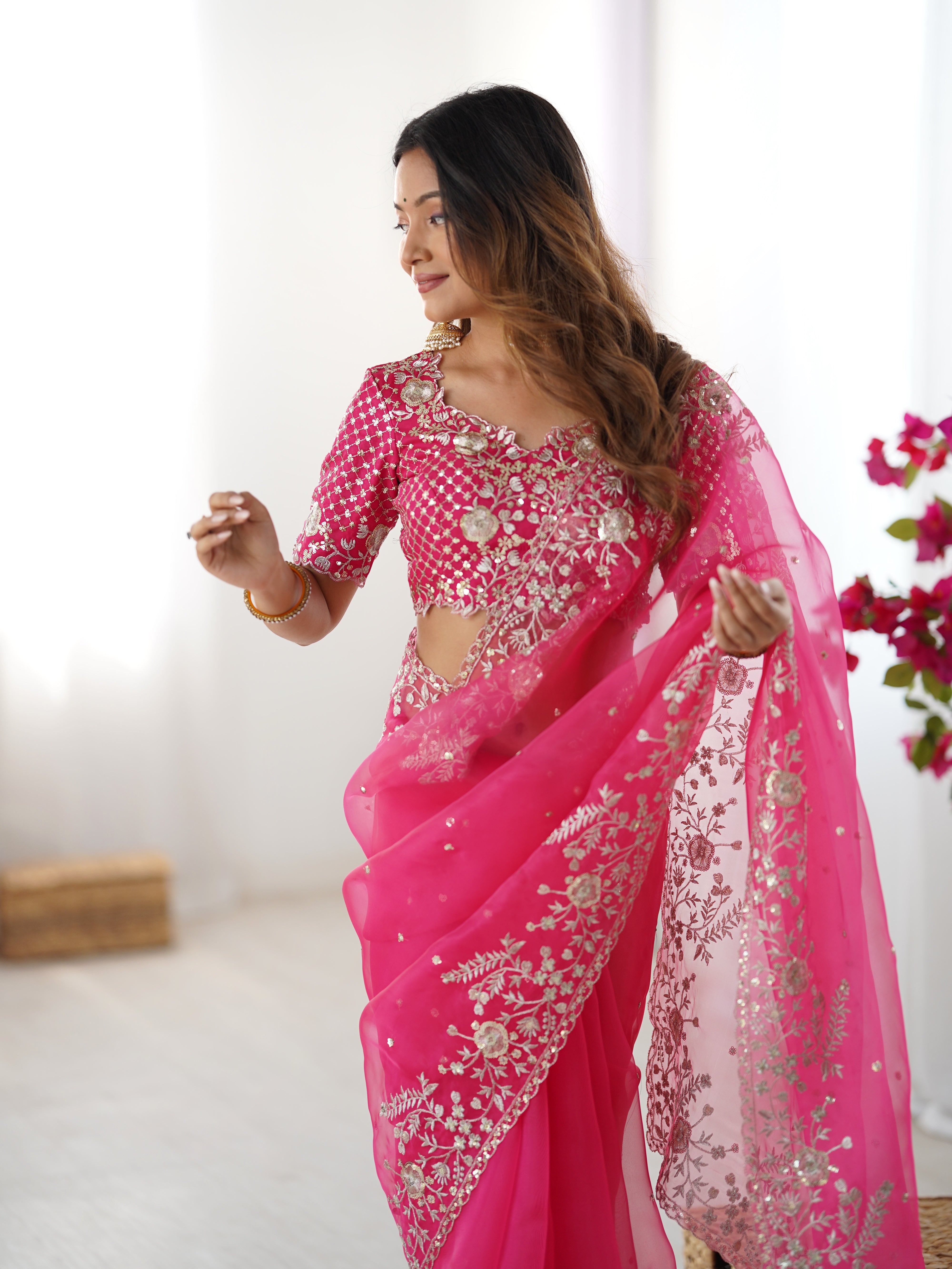 Womenline Elegant Rani Pink Embroidered Saree Set