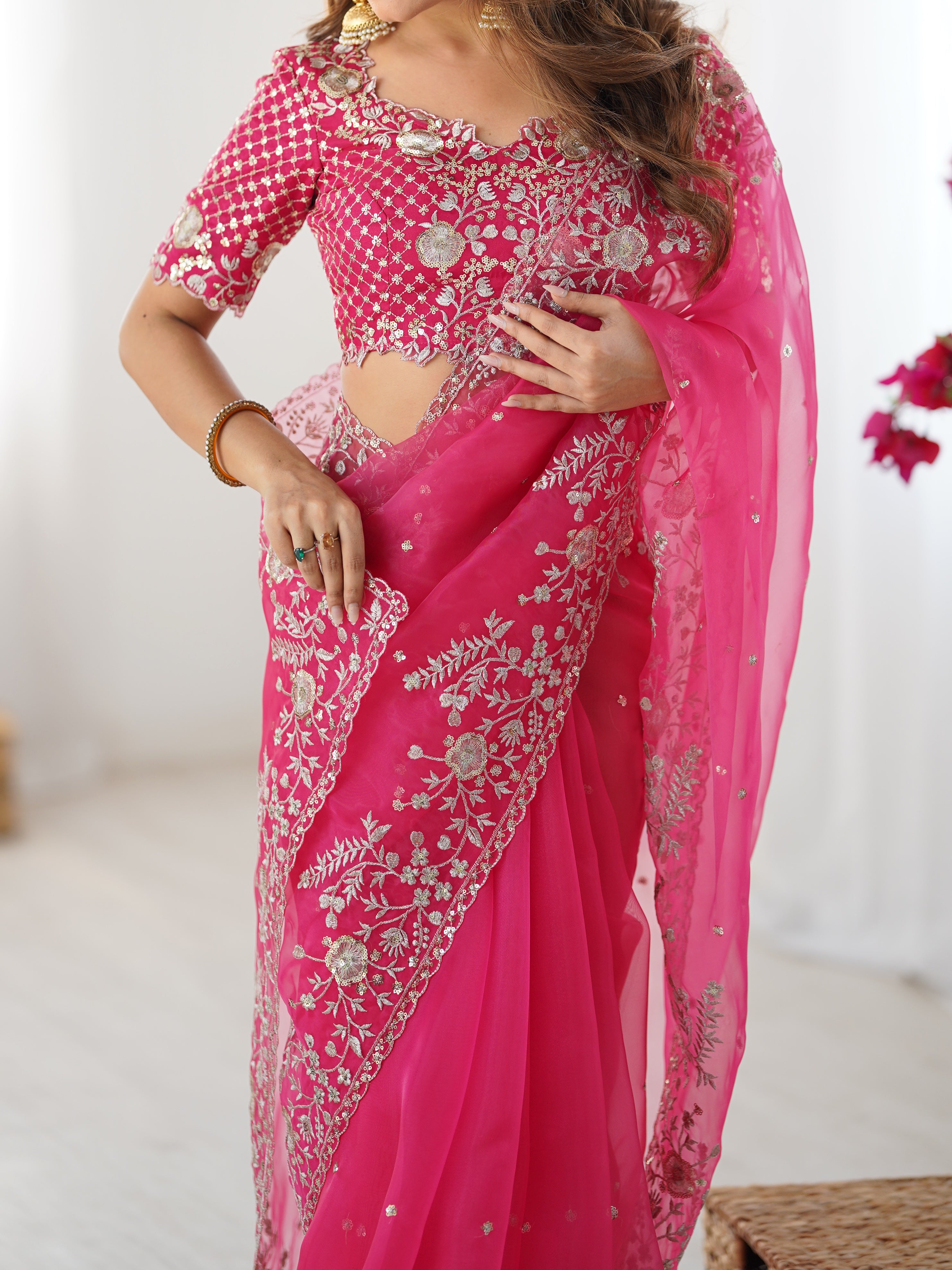 Womenline Elegant Rani Pink Embroidered Saree Set