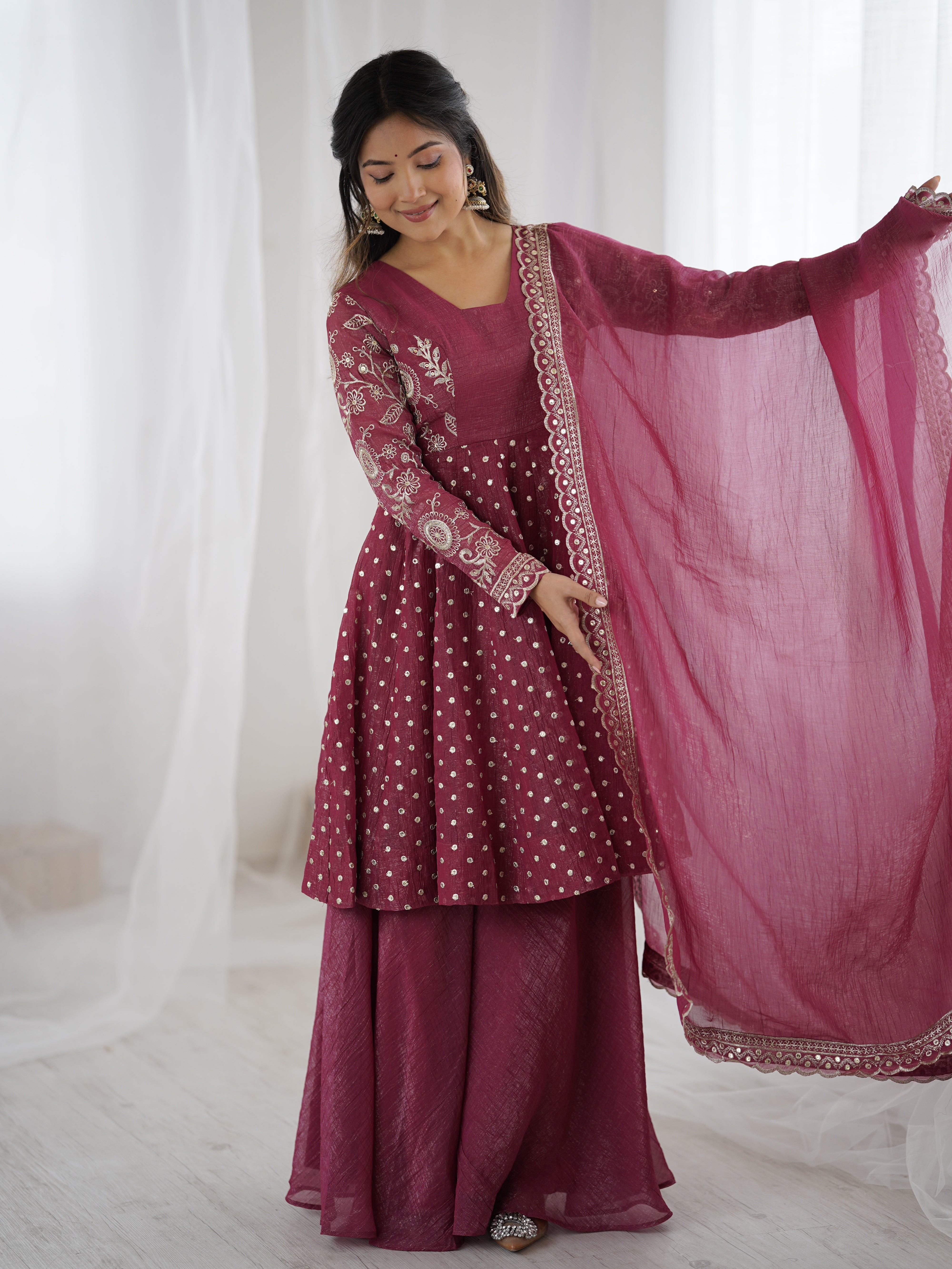 Womenline Rosewood Charm Designer Sharara Suit Set with Elegant Dupatta