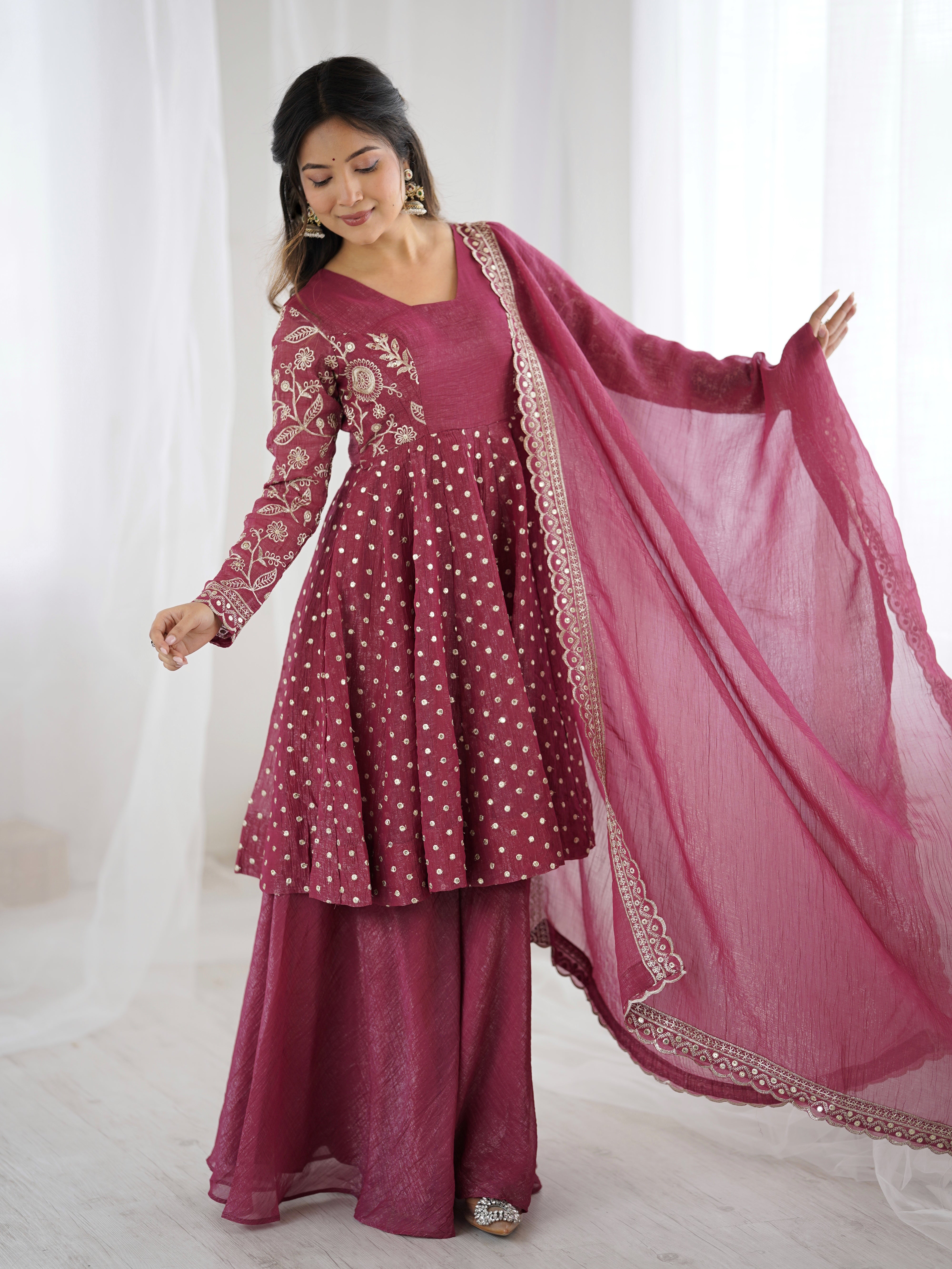 Womenline Rosewood Charm Designer Sharara Suit Set with Elegant Dupatta
