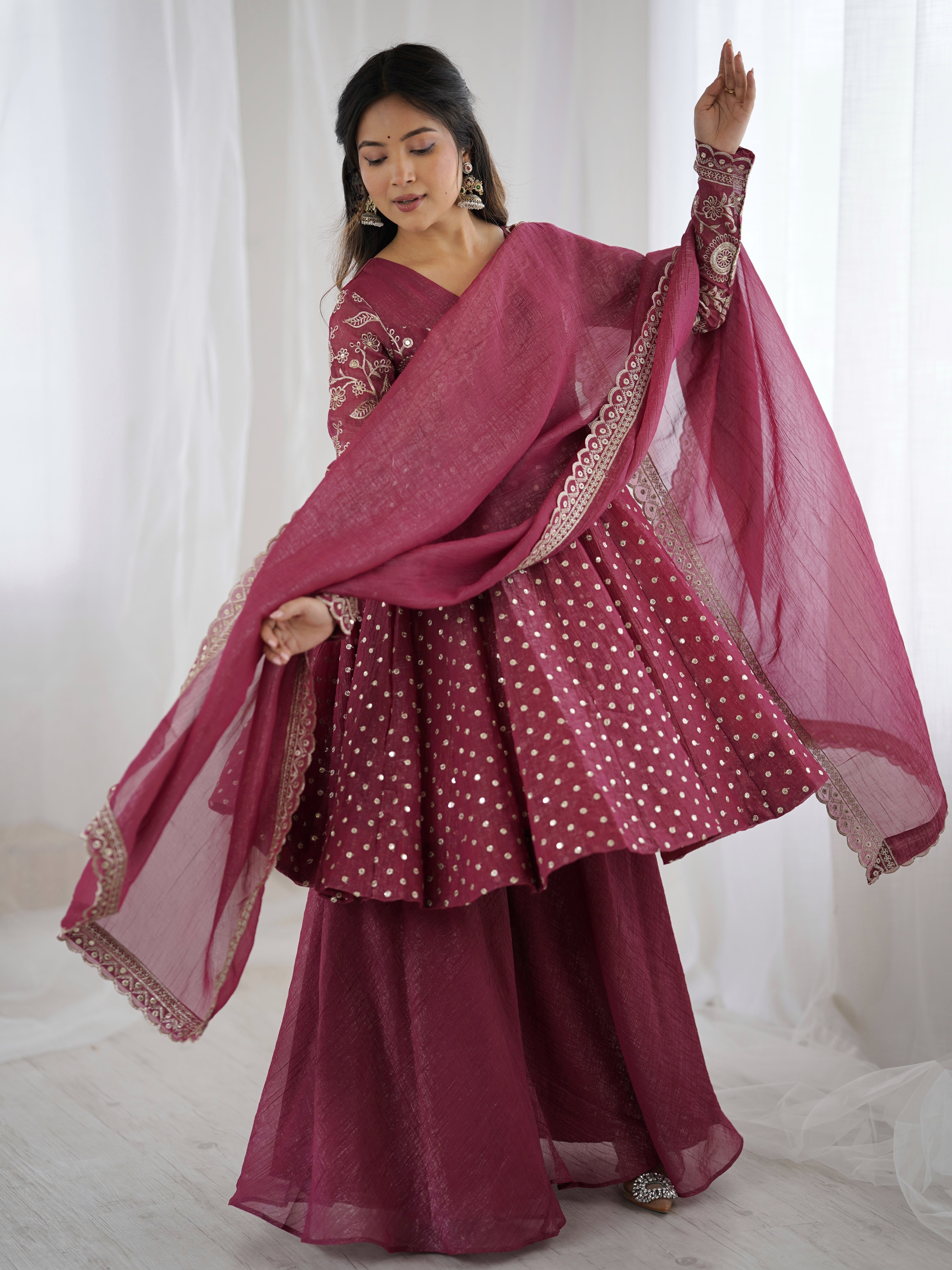 Womenline Rosewood Charm Designer Sharara Suit Set with Elegant Dupatta