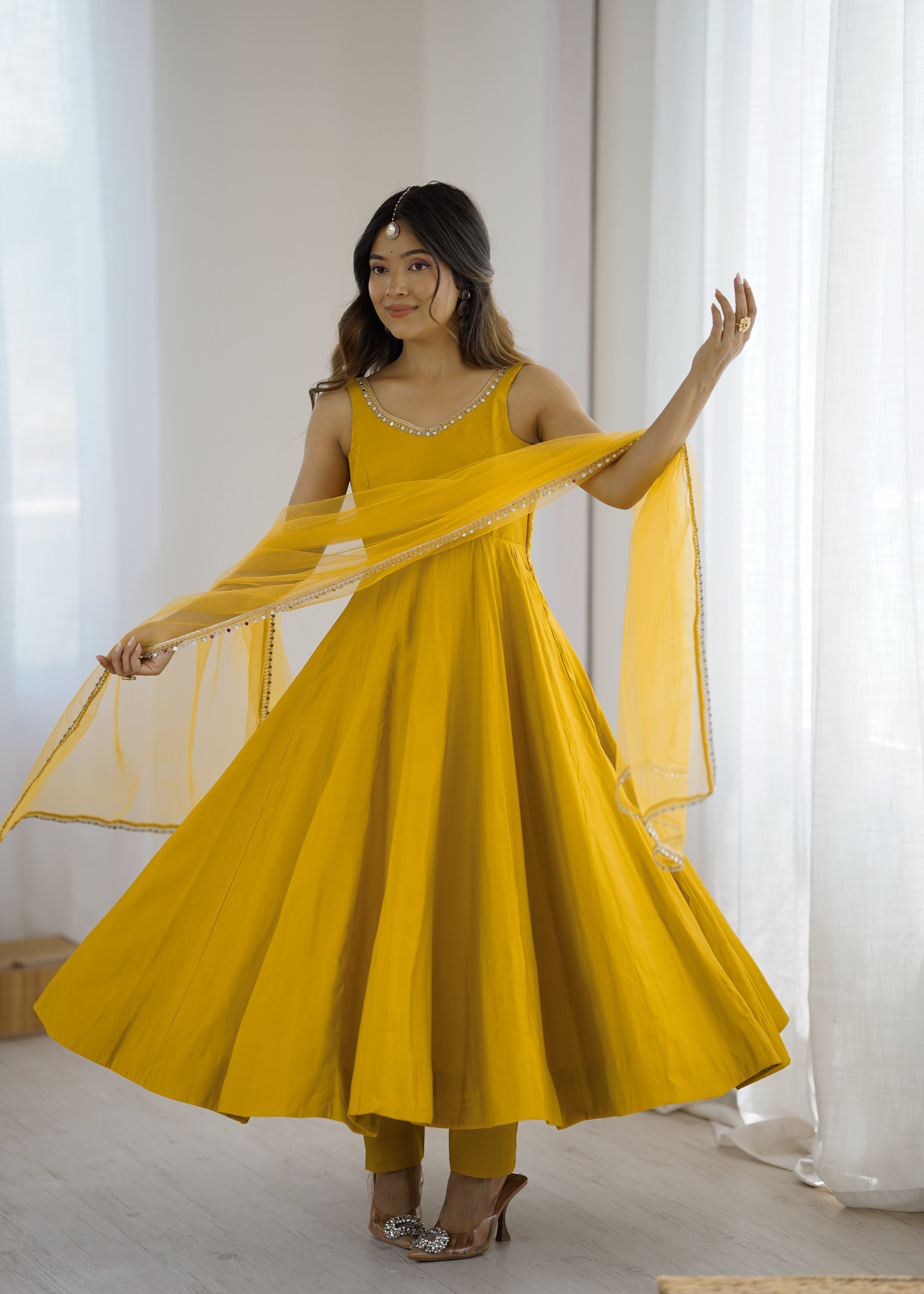 Womenline Yellow Color Chanderi Pure Roman Silk Anarkali Suit