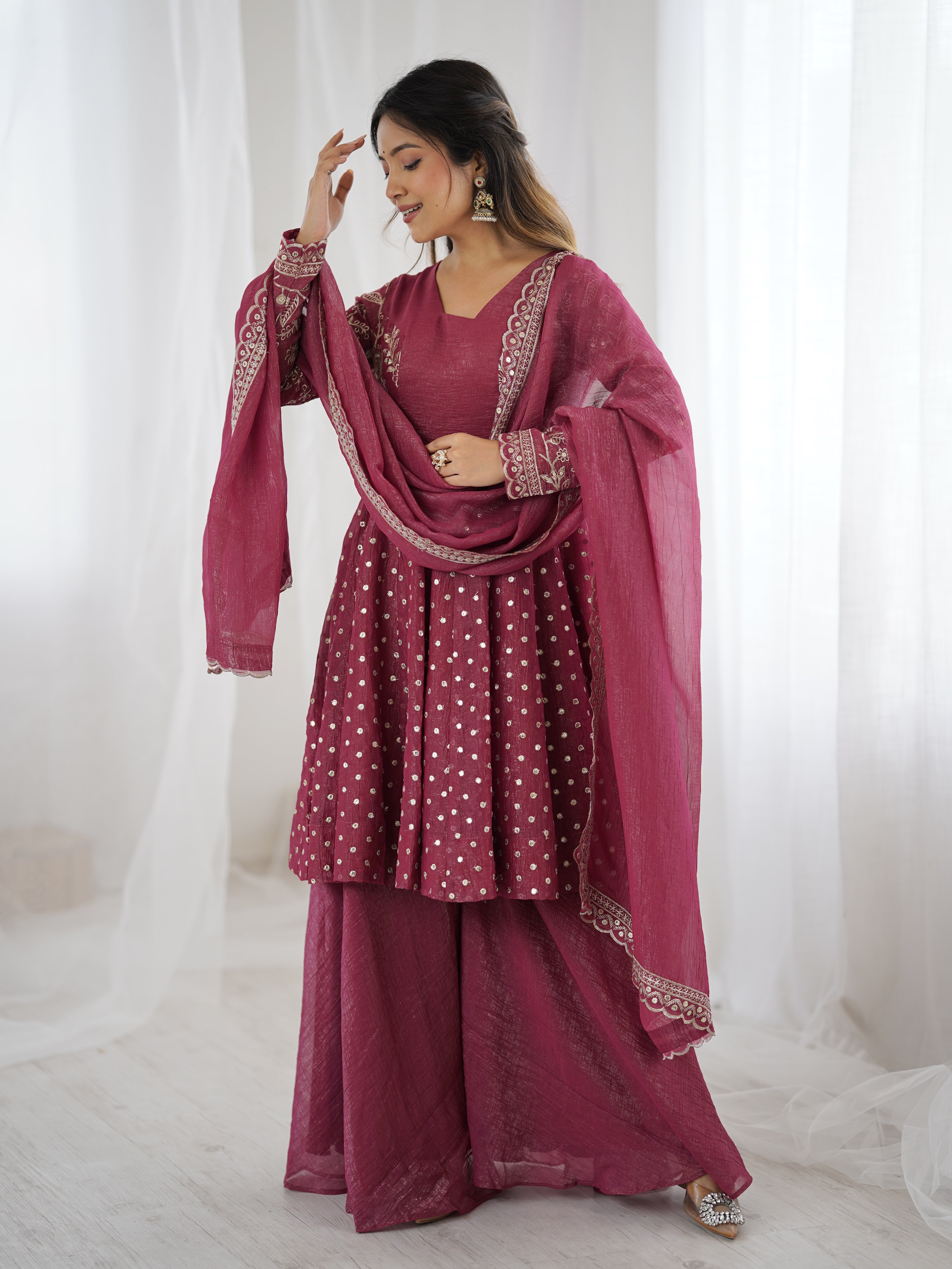 Womenline Rosewood Charm Designer Sharara Suit Set with Elegant Dupatta
