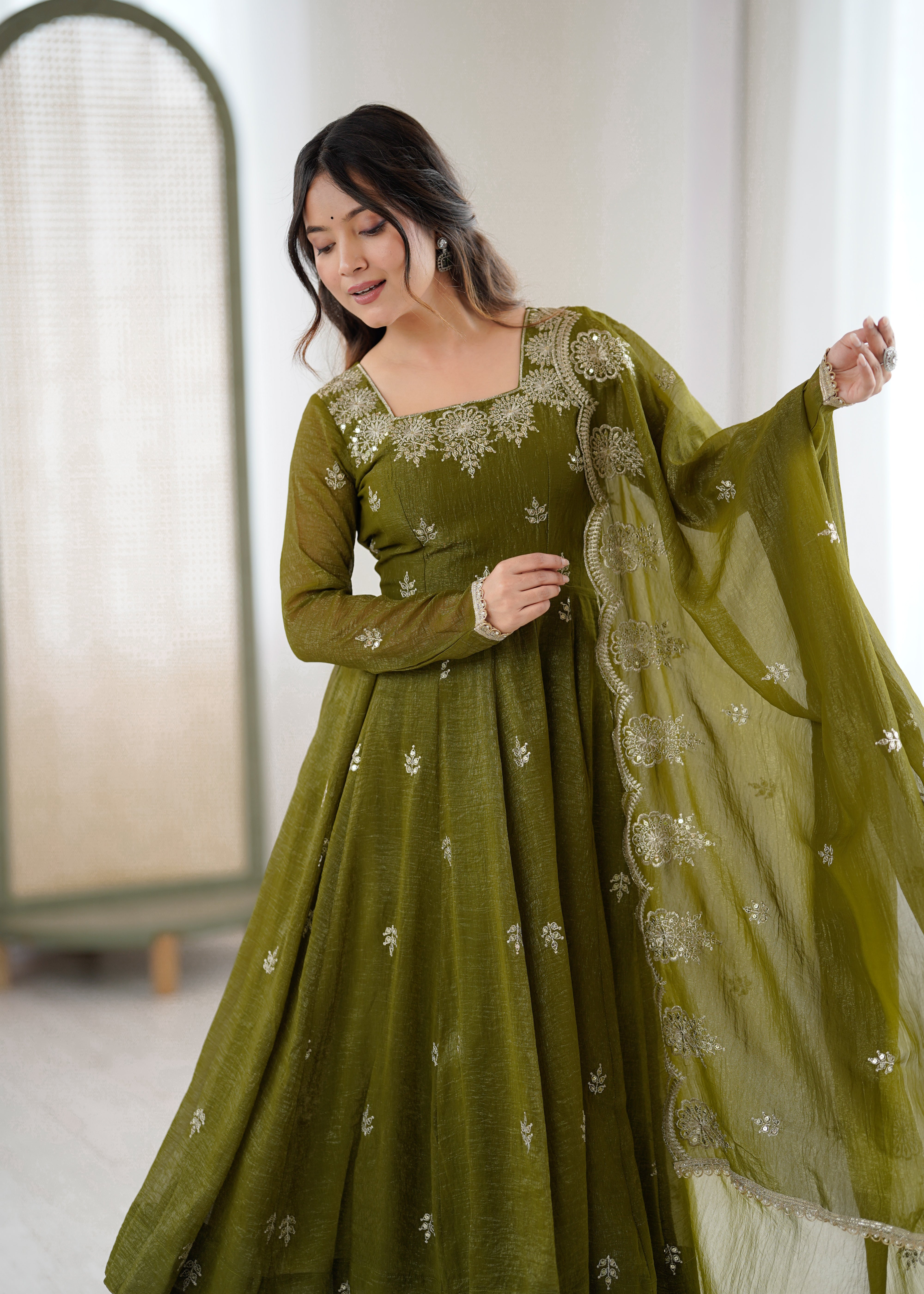 Womenline Olive Green Embroidered Anarkali Suit Set with Scalloped Dupatta