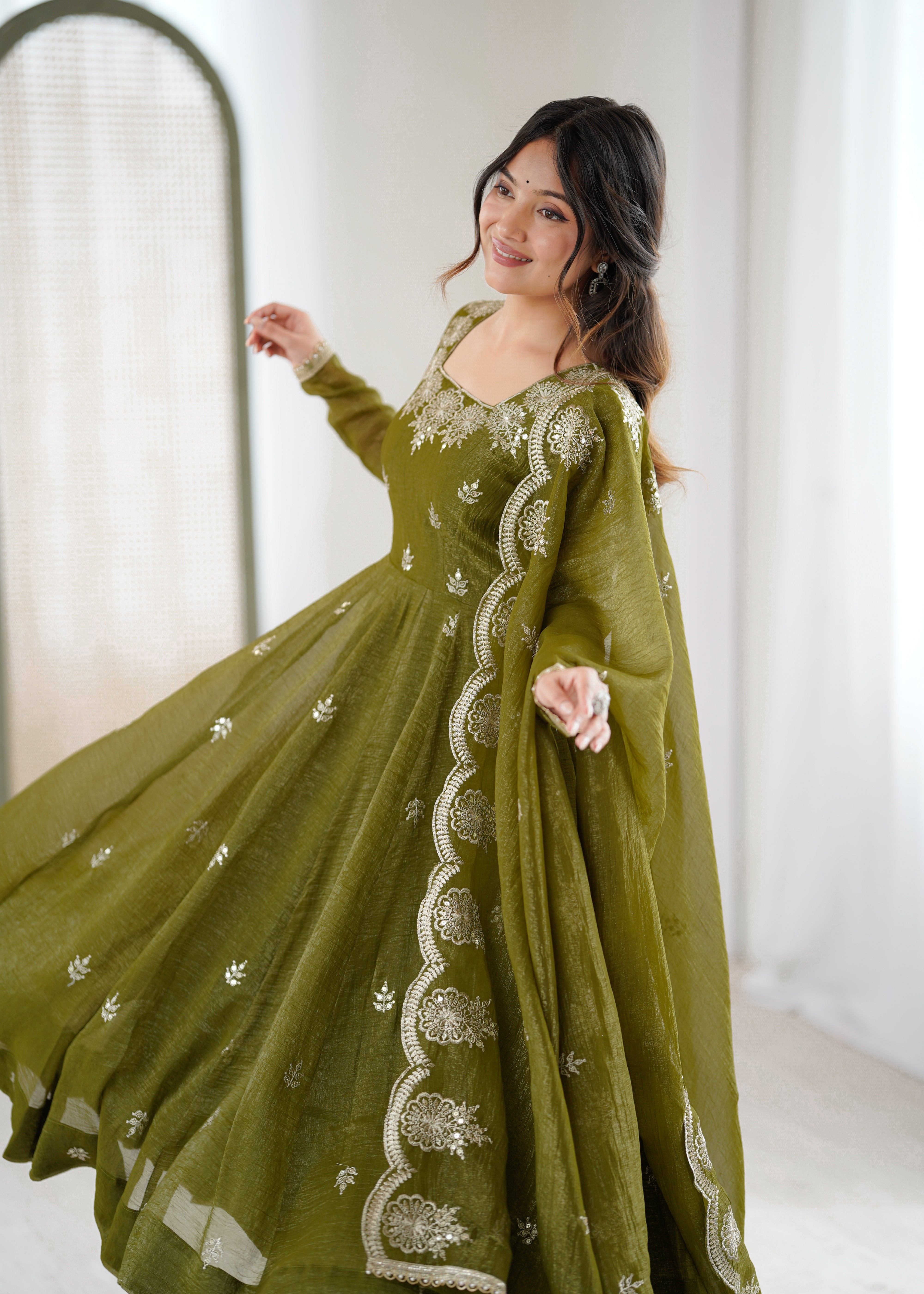 Womenline Olive Green Embroidered Anarkali Suit Set with Scalloped Dupatta