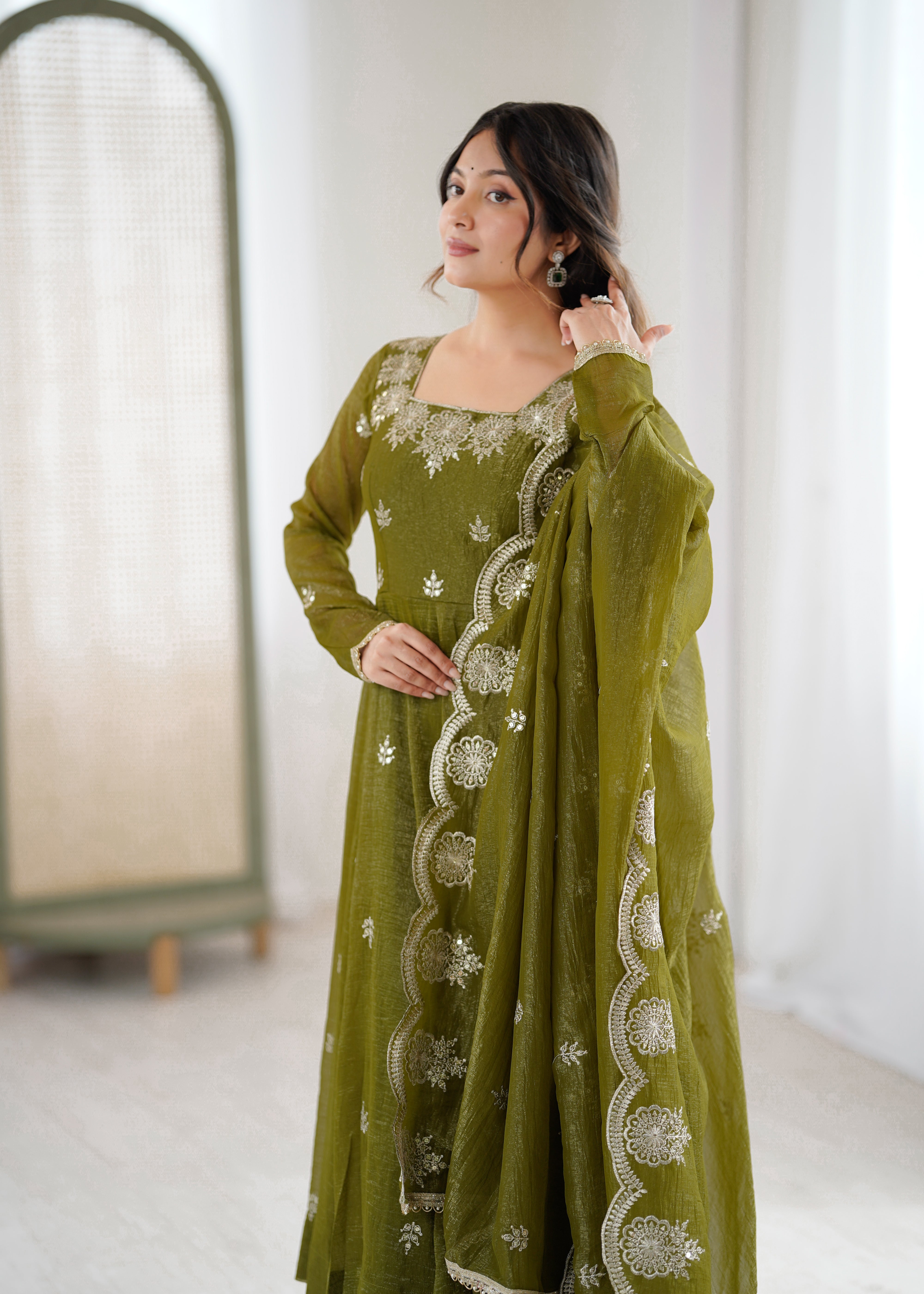 Womenline Olive Green Embroidered Anarkali Suit Set with Scalloped Dupatta
