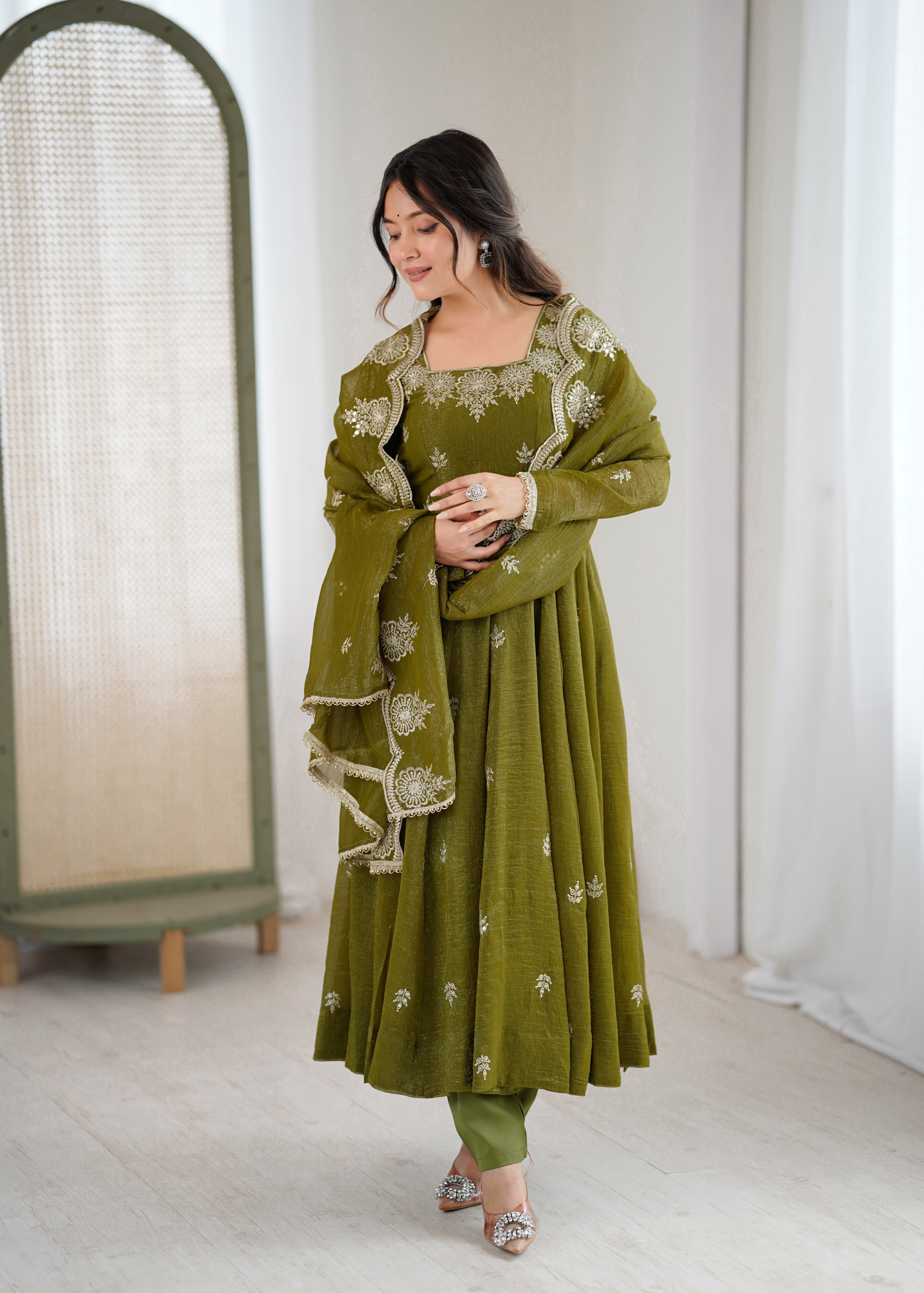 Womenline Olive Green Embroidered Anarkali Suit Set with Scalloped Dupatta