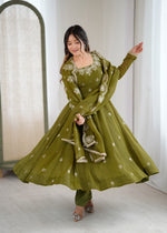 Womenline Olive Green Embroidered Anarkali Suit Set with Scalloped Dupatta