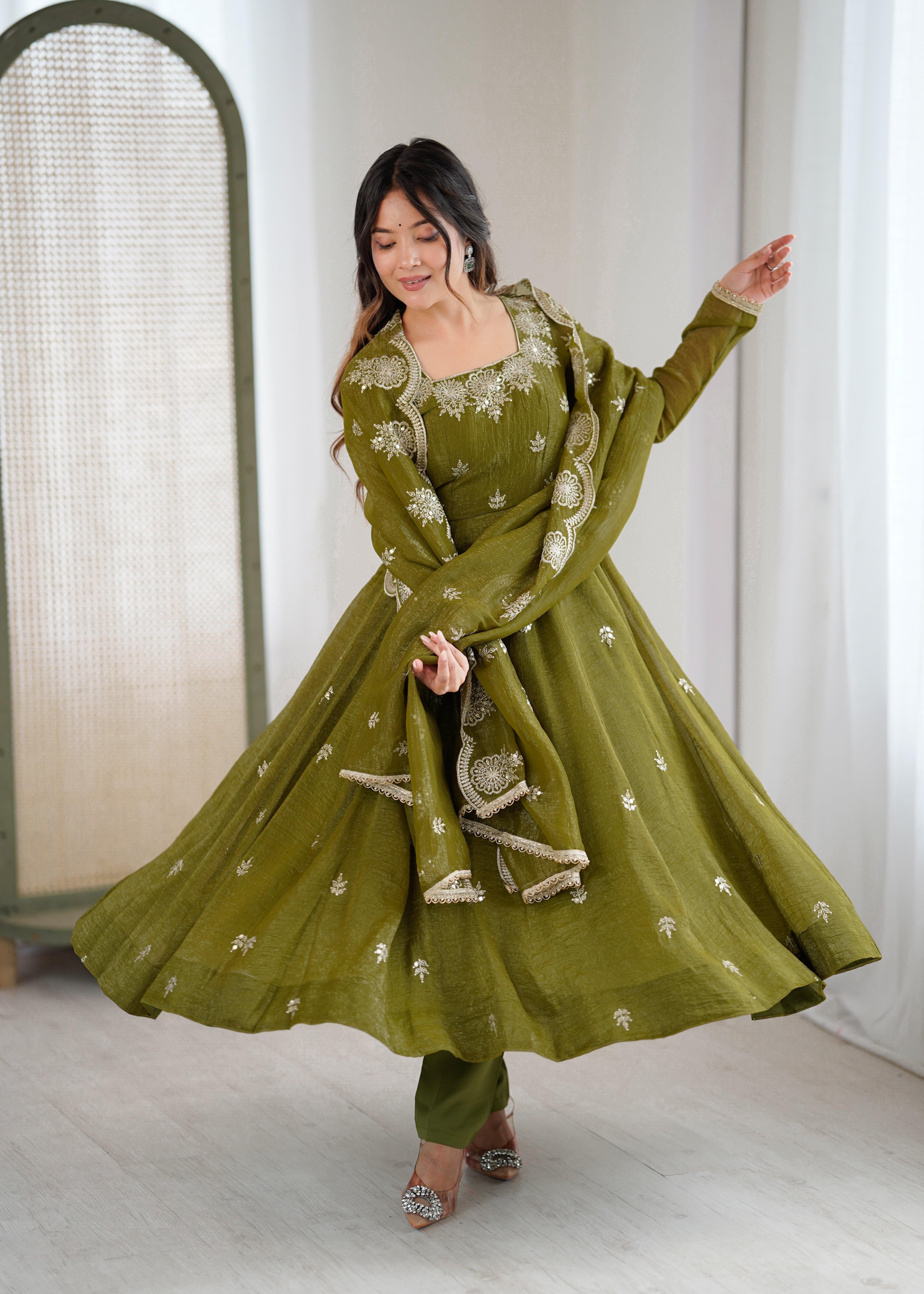 Womenline Olive Green Embroidered Anarkali Suit Set with Scalloped Dupatta