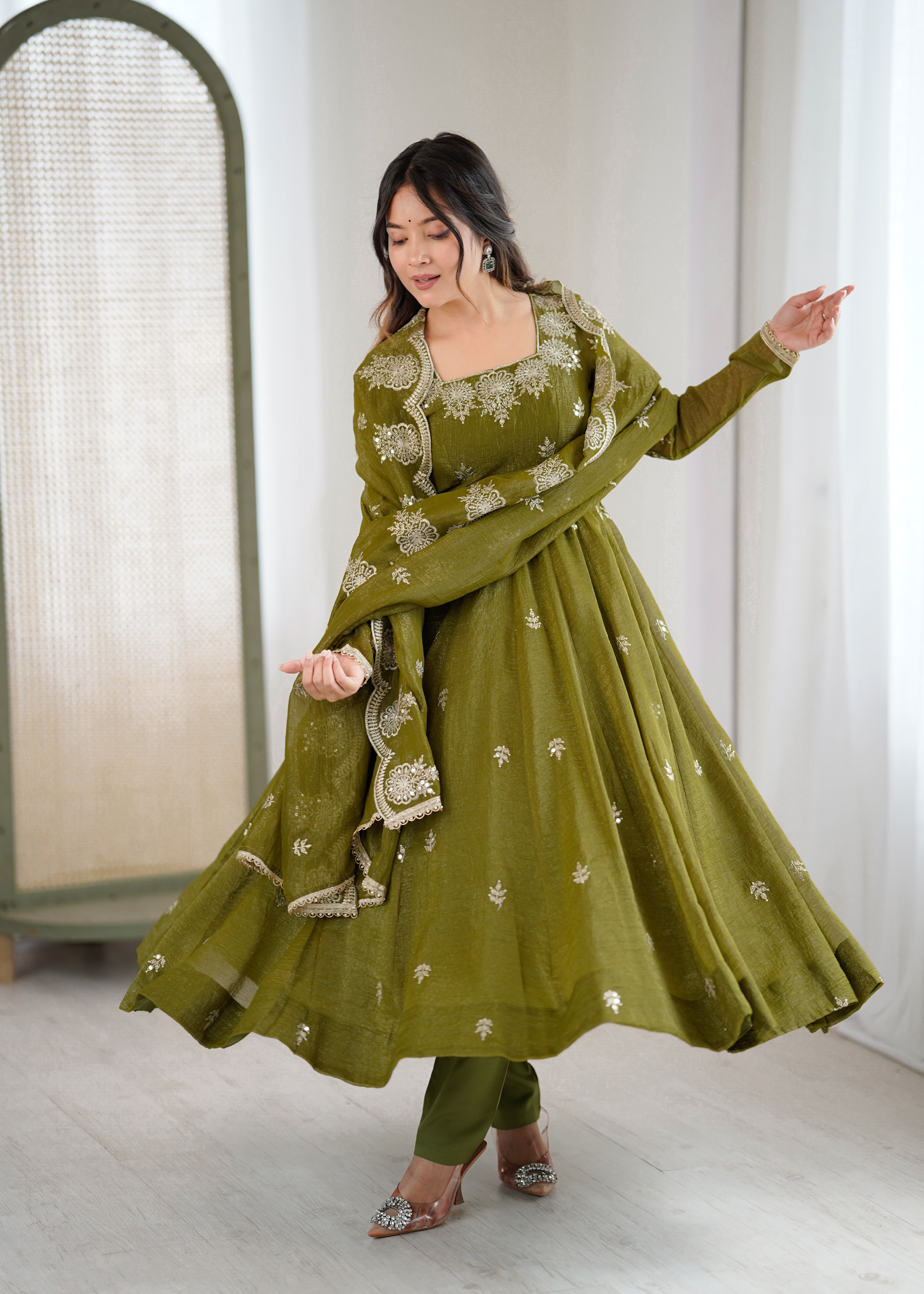 Womenline Olive Green Embroidered Anarkali Suit Set with Scalloped Dupatta