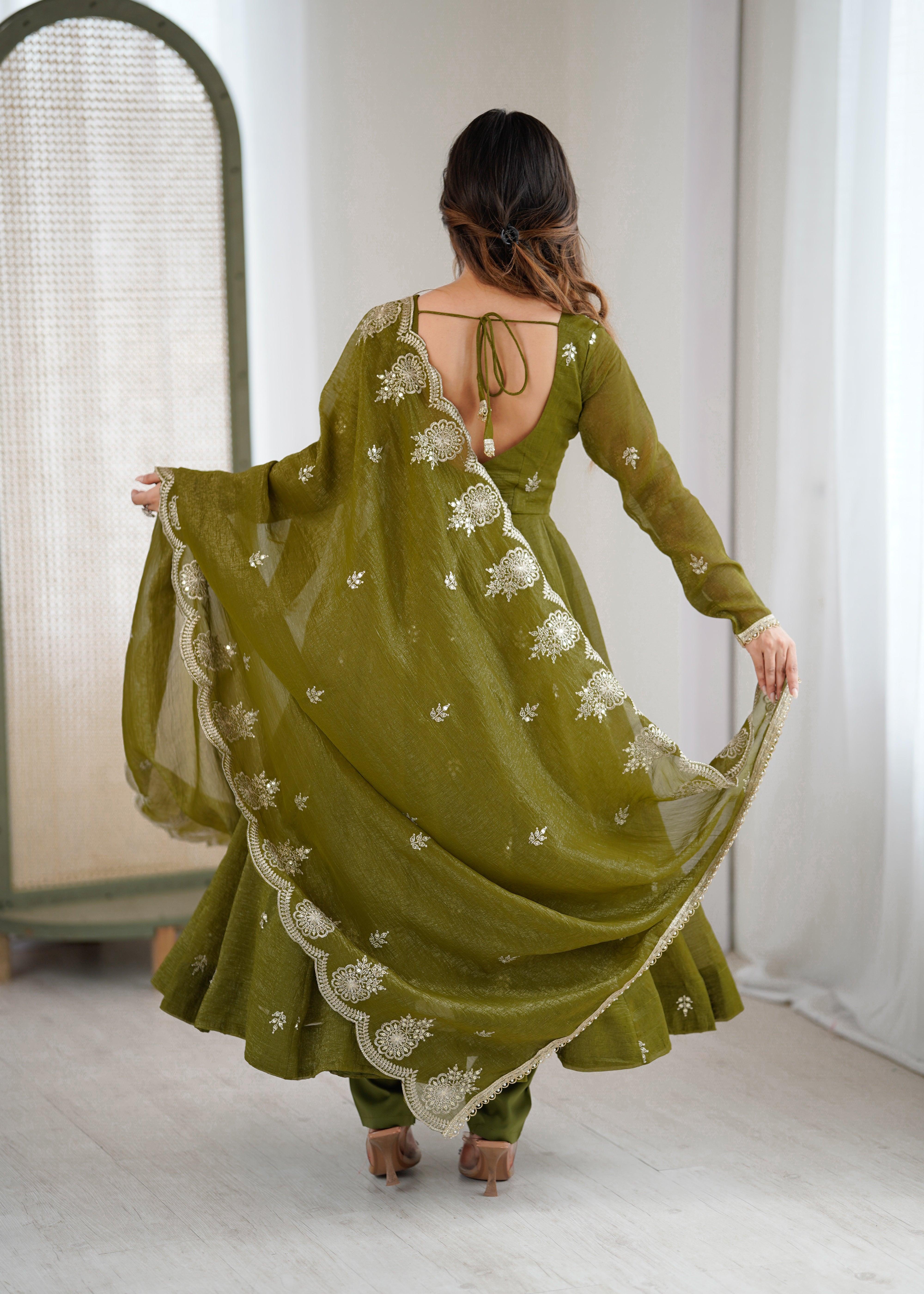 Womenline Olive Green Embroidered Anarkali Suit Set with Scalloped Dupatta