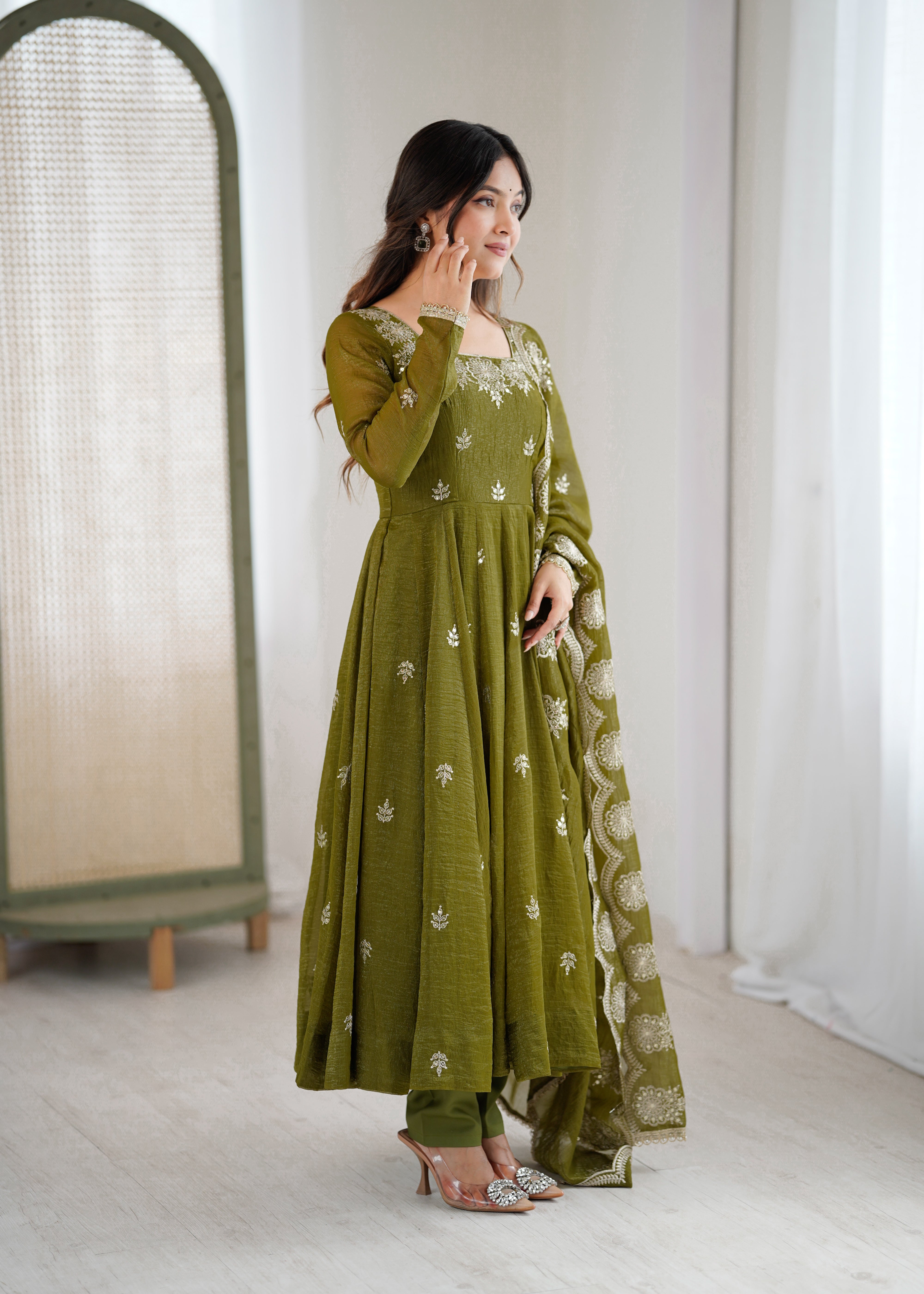 Womenline Olive Green Embroidered Anarkali Suit Set with Scalloped Dupatta