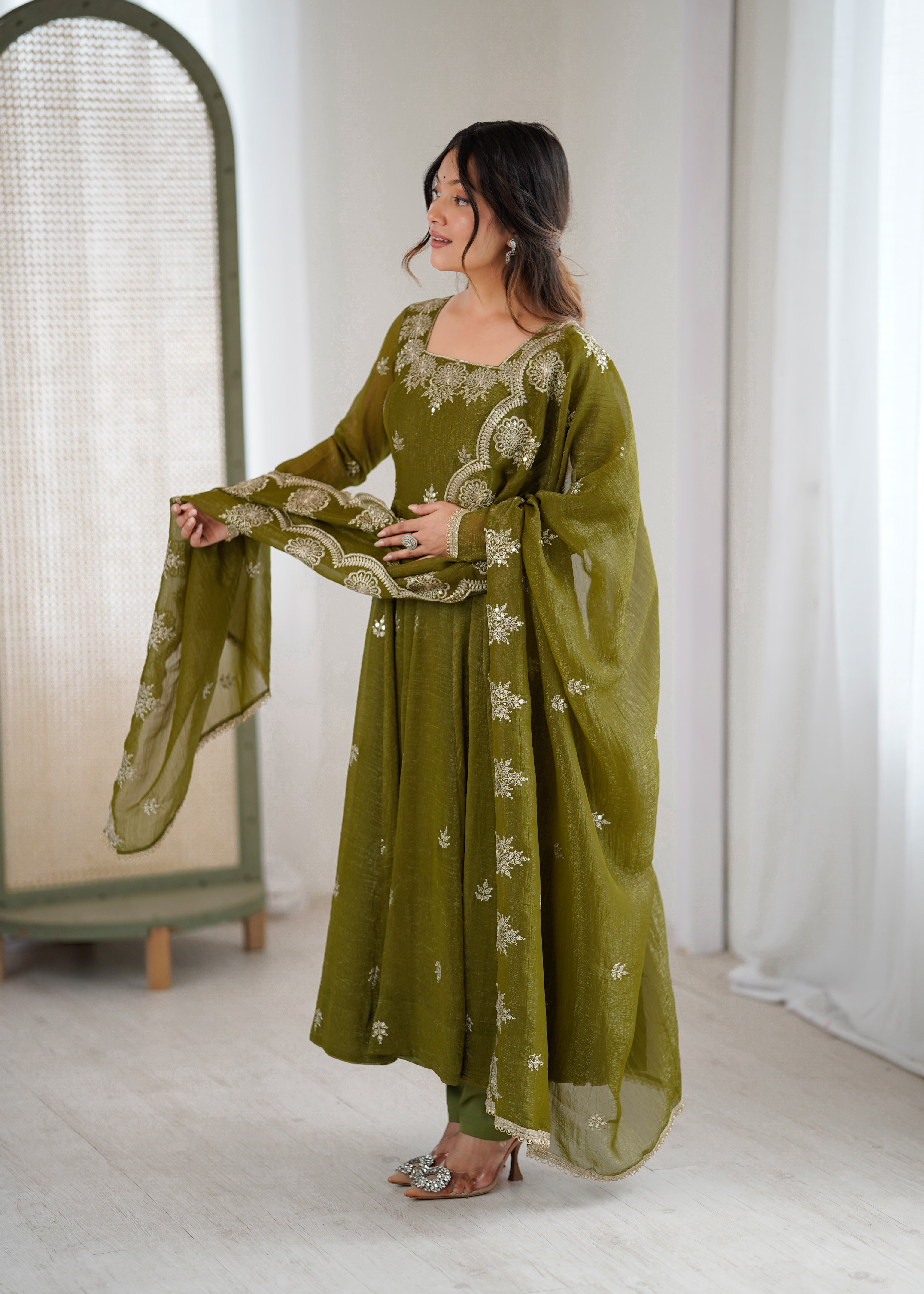 Womenline Olive Green Embroidered Anarkali Suit Set with Scalloped Dupatta