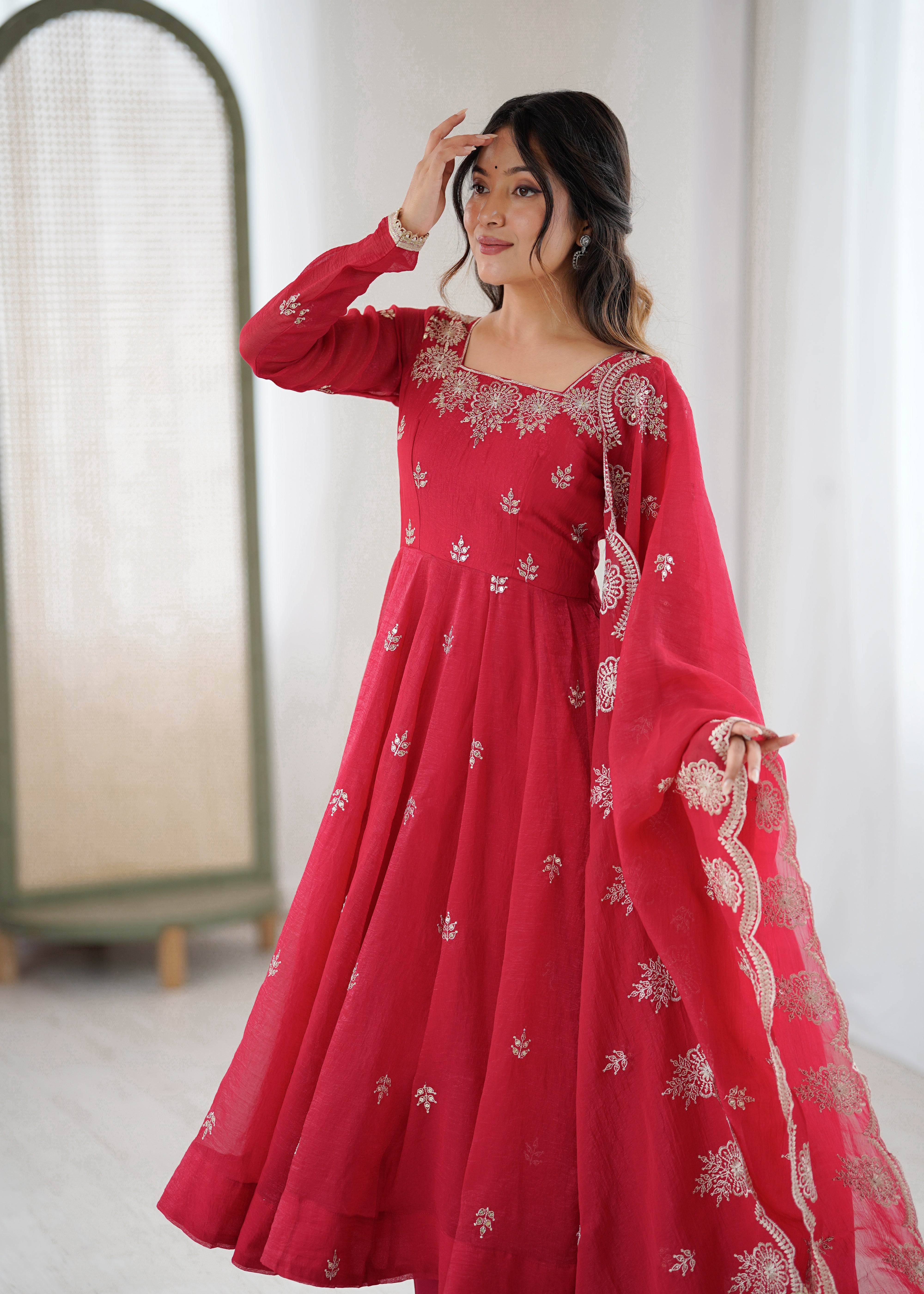 Womenline Crimson Red Embroidered Anarkali Suit Set with Scalloped Dupatta
