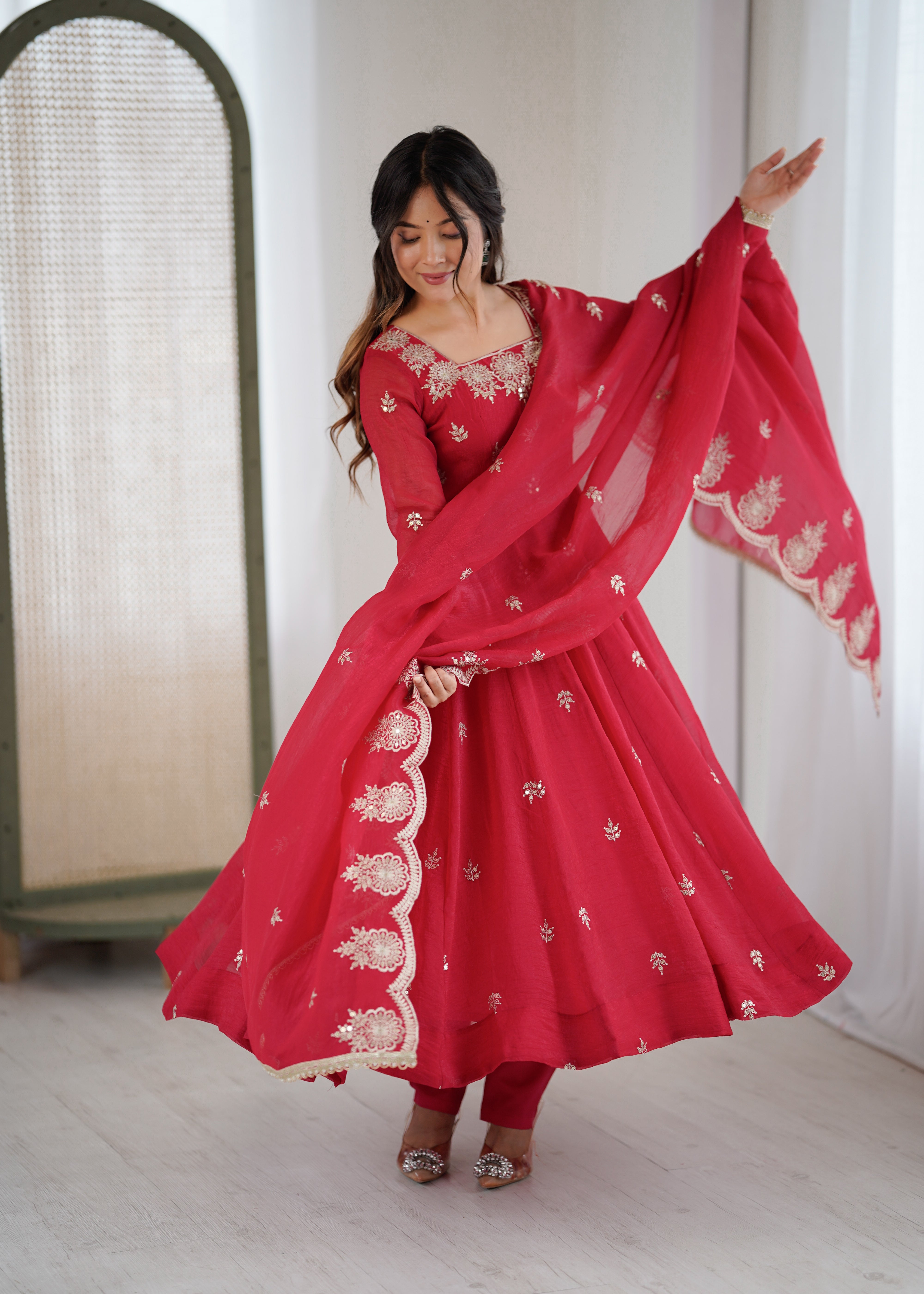 Womenline Crimson Red Embroidered Anarkali Suit Set with Scalloped Dupatta