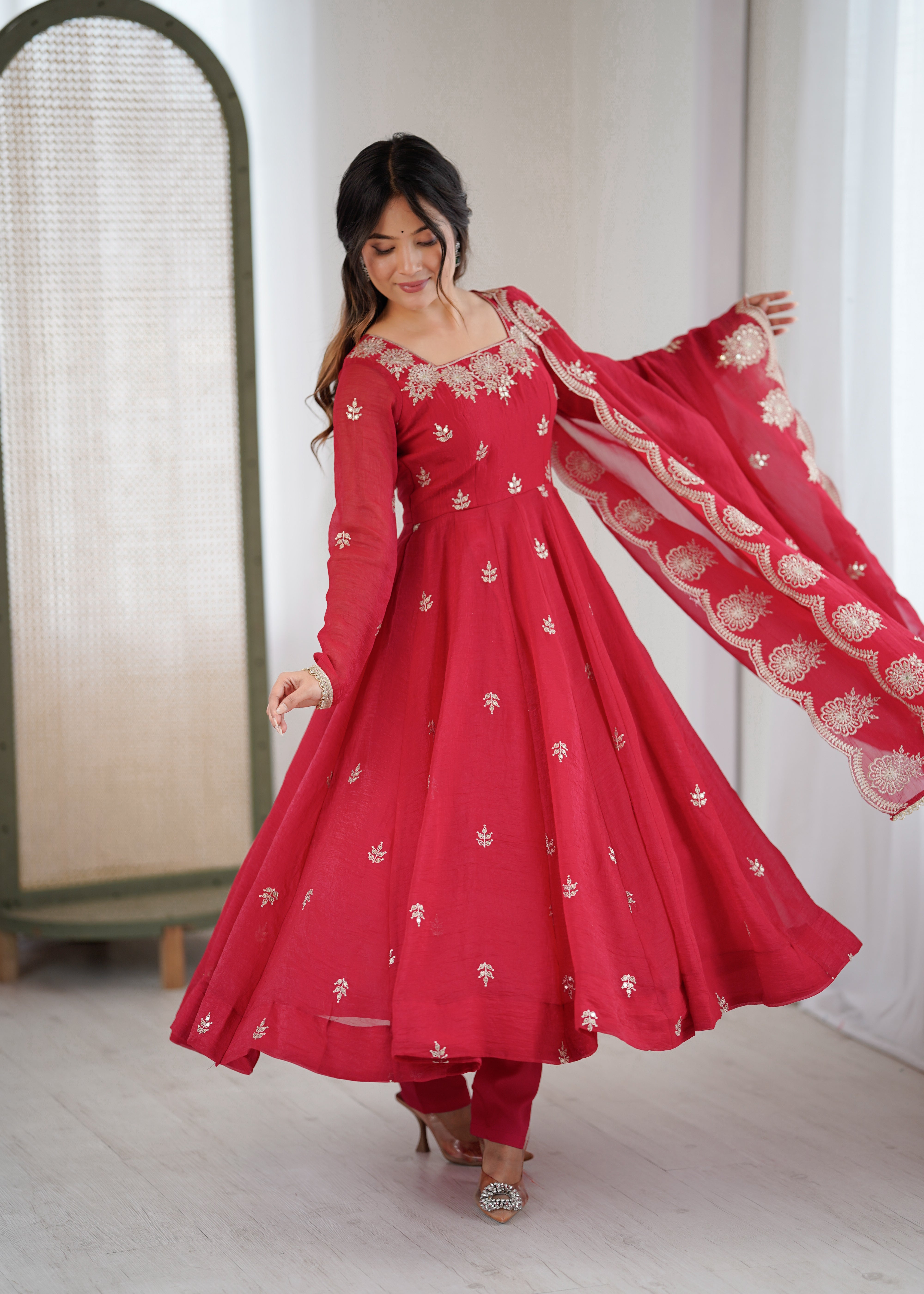 Womenline Crimson Red Embroidered Anarkali Suit Set with Scalloped Dupatta