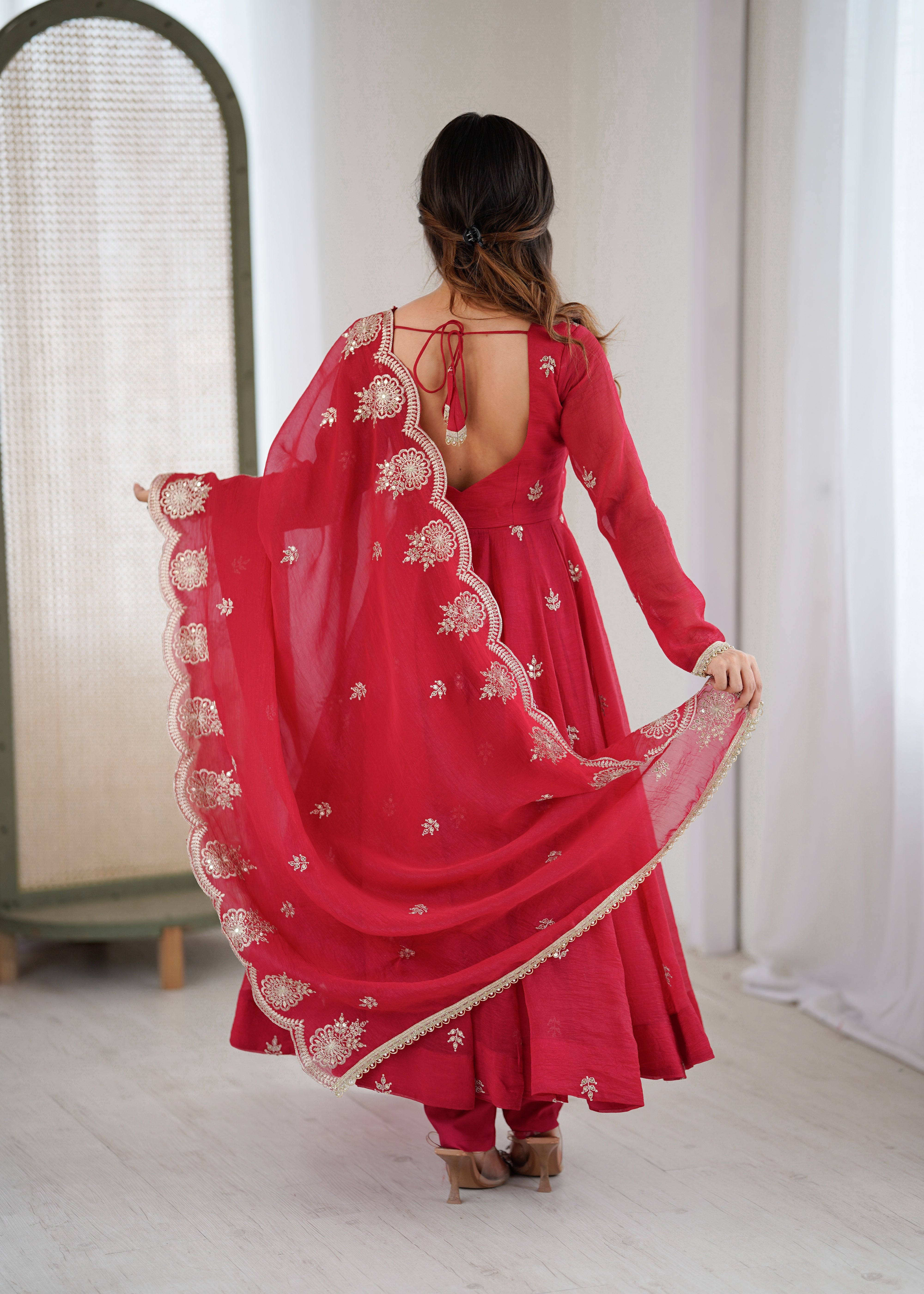 Womenline Crimson Red Embroidered Anarkali Suit Set with Scalloped Dupatta