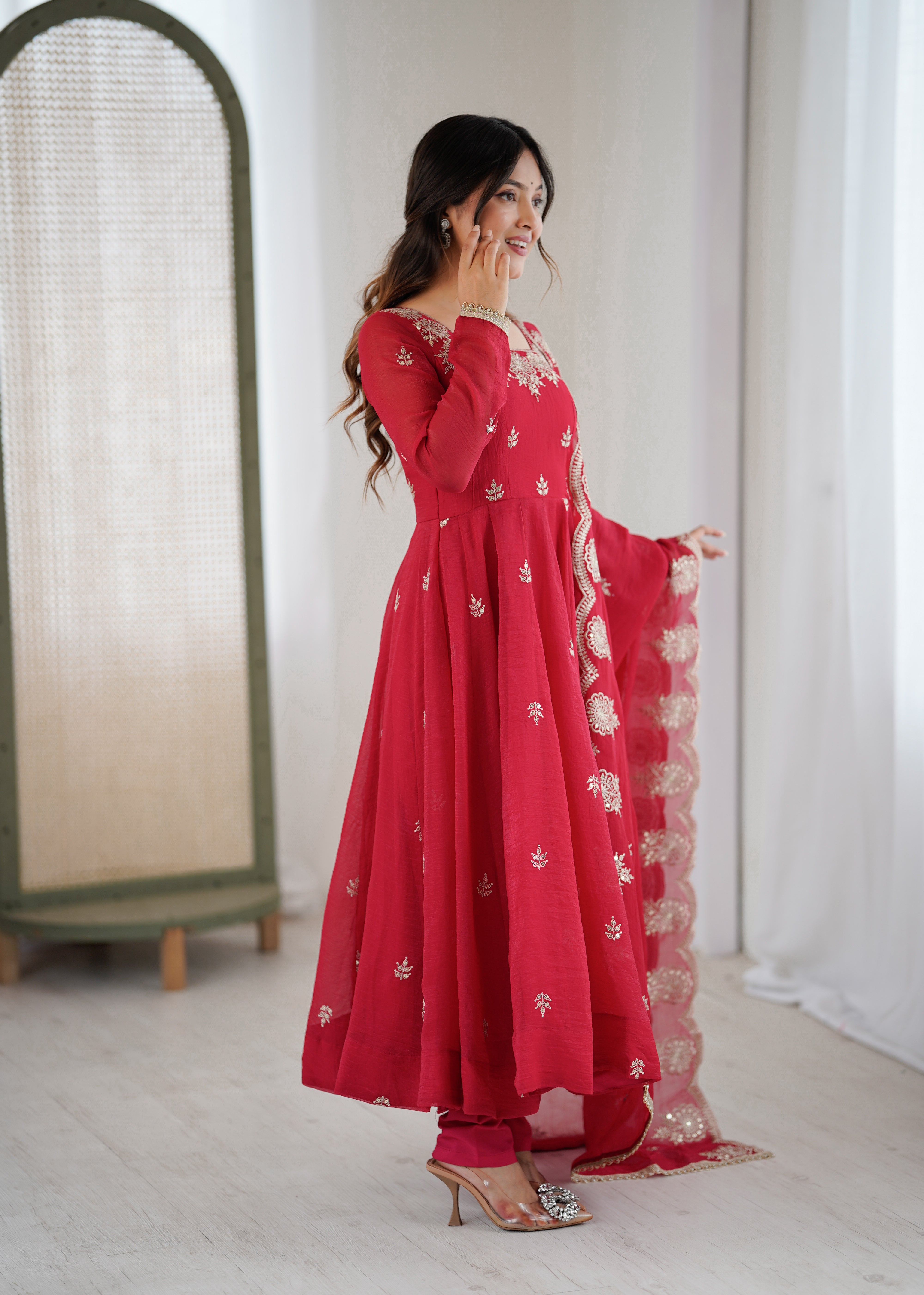 Womenline Crimson Red Embroidered Anarkali Suit Set with Scalloped Dupatta