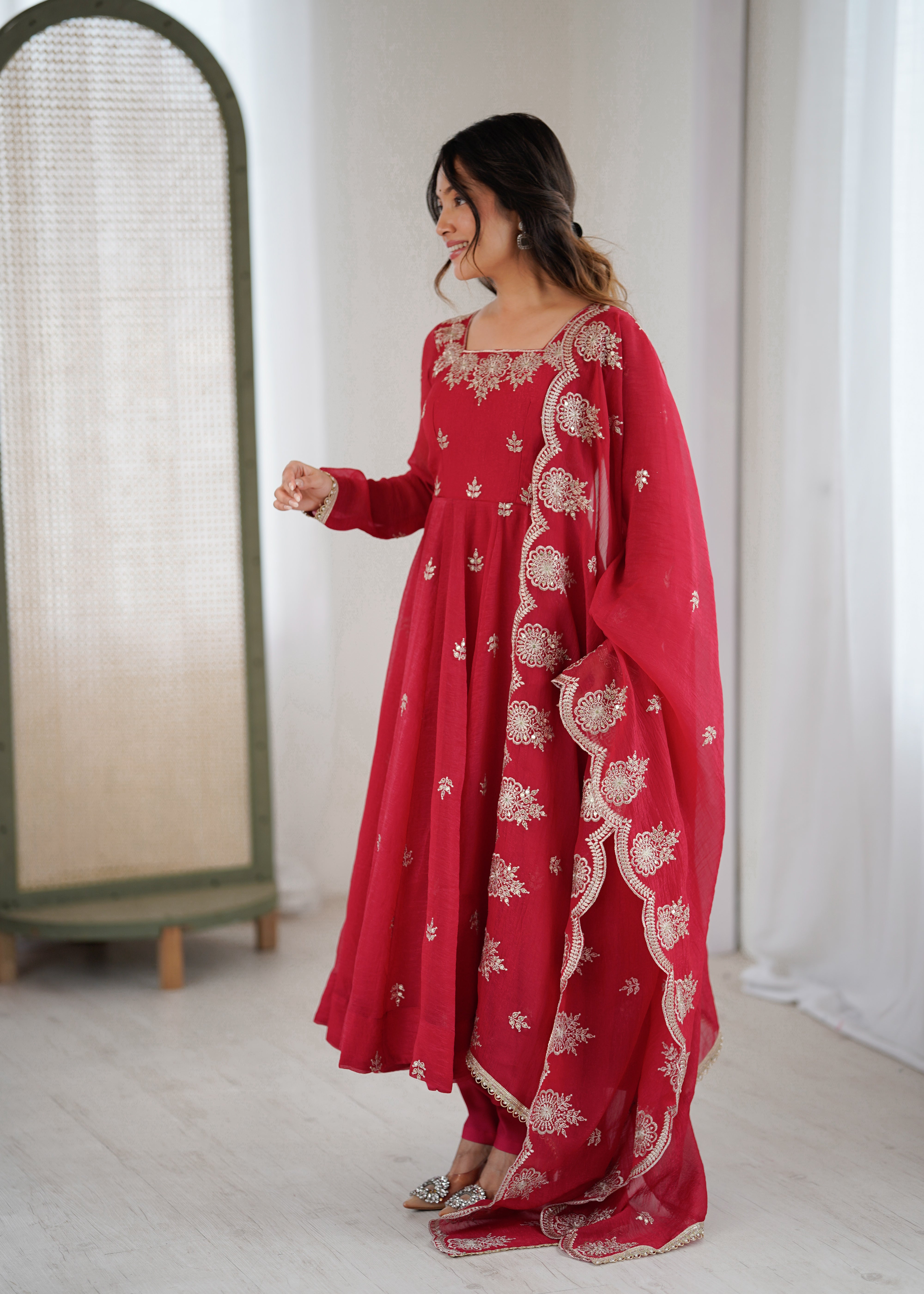 Womenline Crimson Red Embroidered Anarkali Suit Set with Scalloped Dupatta