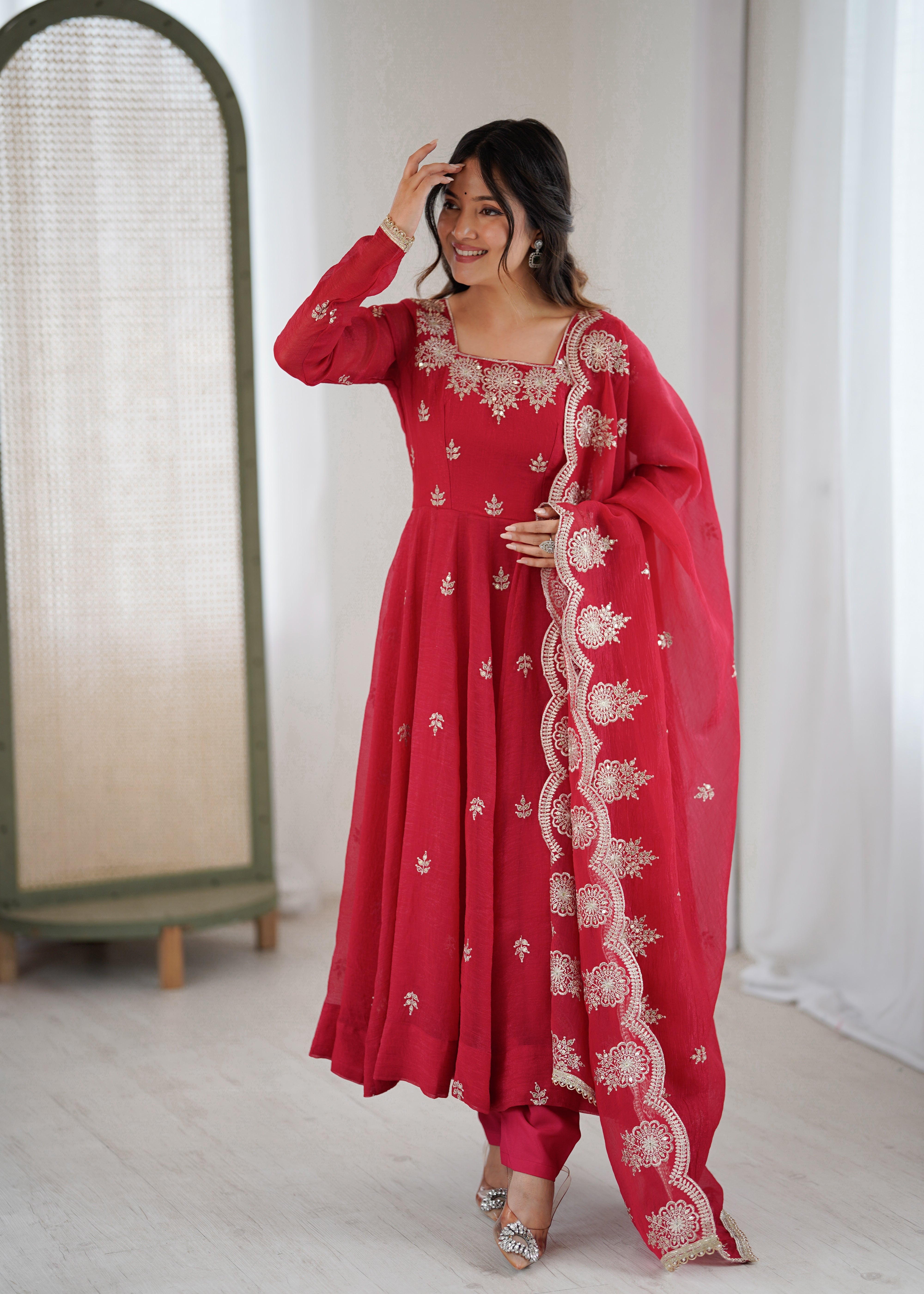 Womenline Crimson Red Embroidered Anarkali Suit Set with Scalloped Dupatta