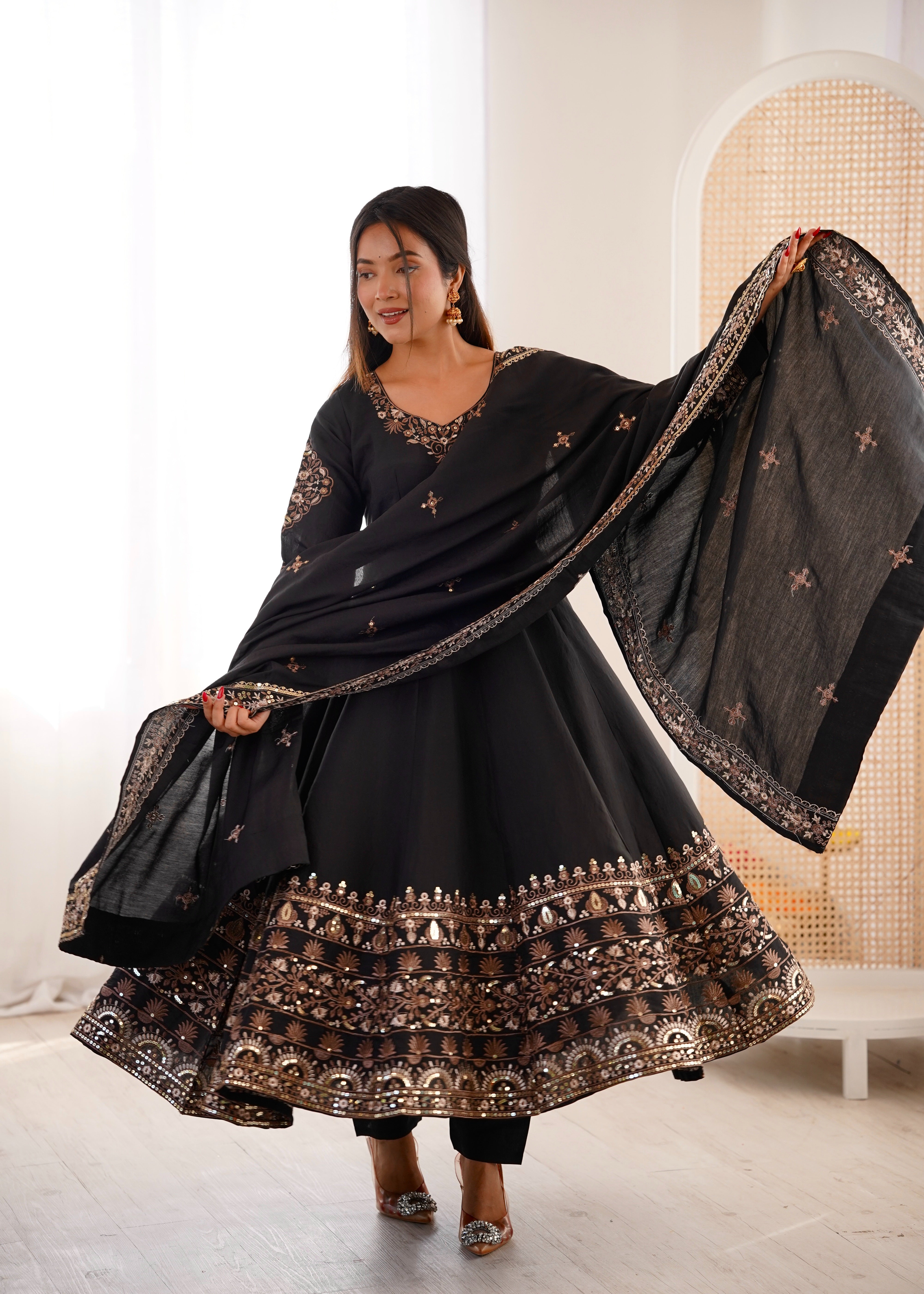 Womenline Classic Black & Gold Embroidered Anarkali Suit Set