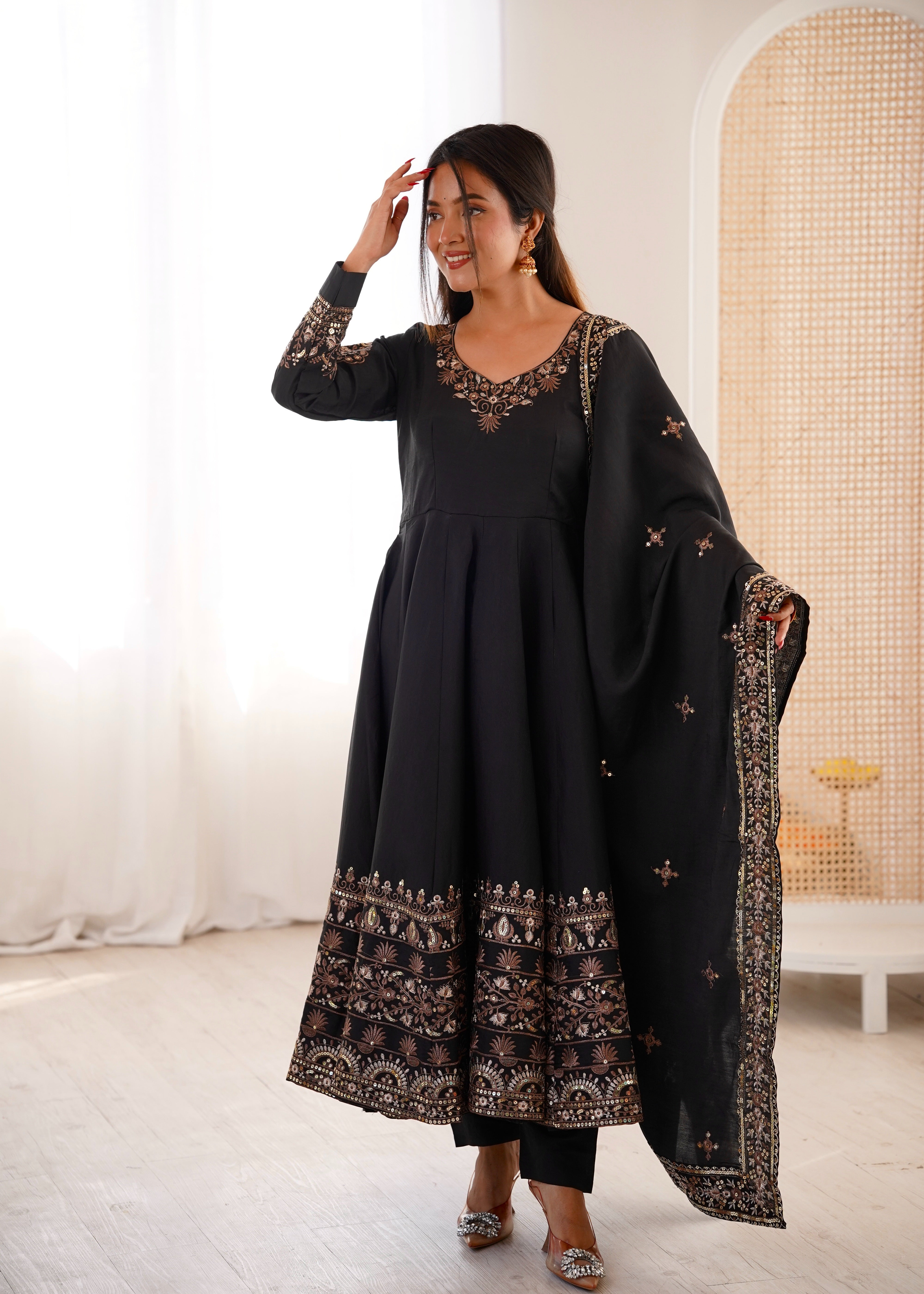Womenline Classic Black & Gold Embroidered Anarkali Suit Set
