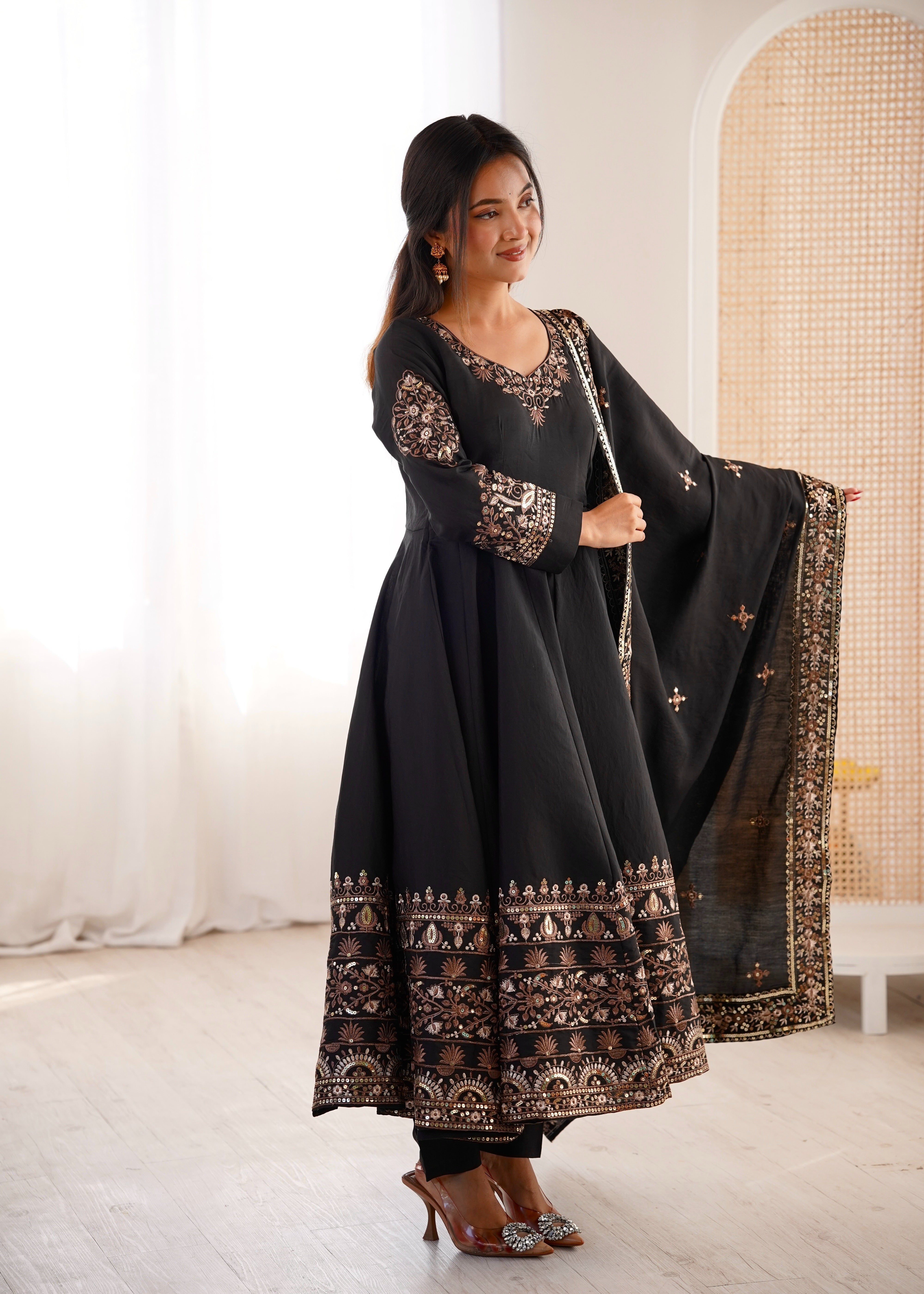 Womenline Classic Black & Gold Embroidered Anarkali Suit Set