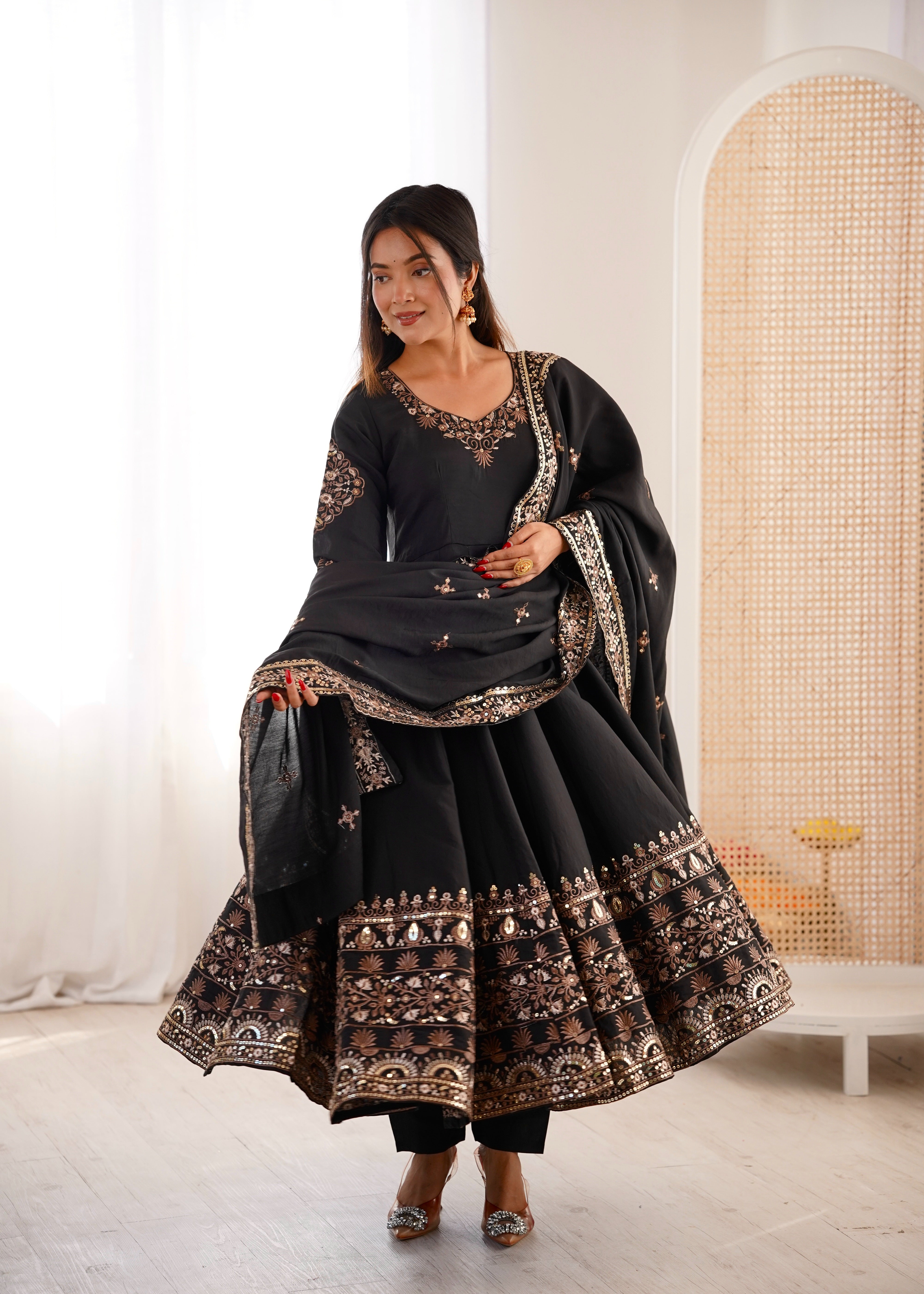 Womenline Classic Black & Gold Embroidered Anarkali Suit Set