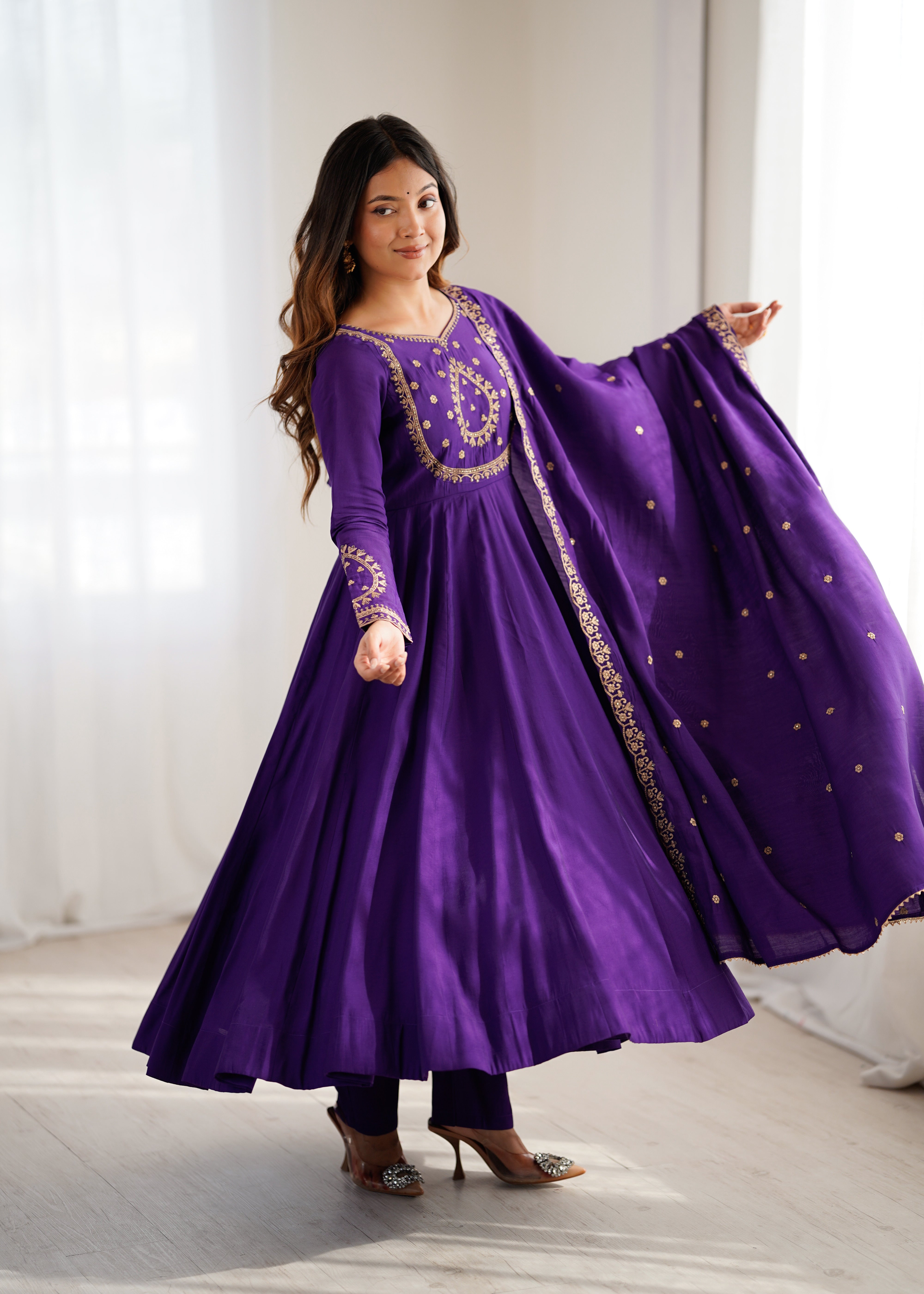 Womenline Purple Color Chanderi Silk Three Piece Anarkali Suit