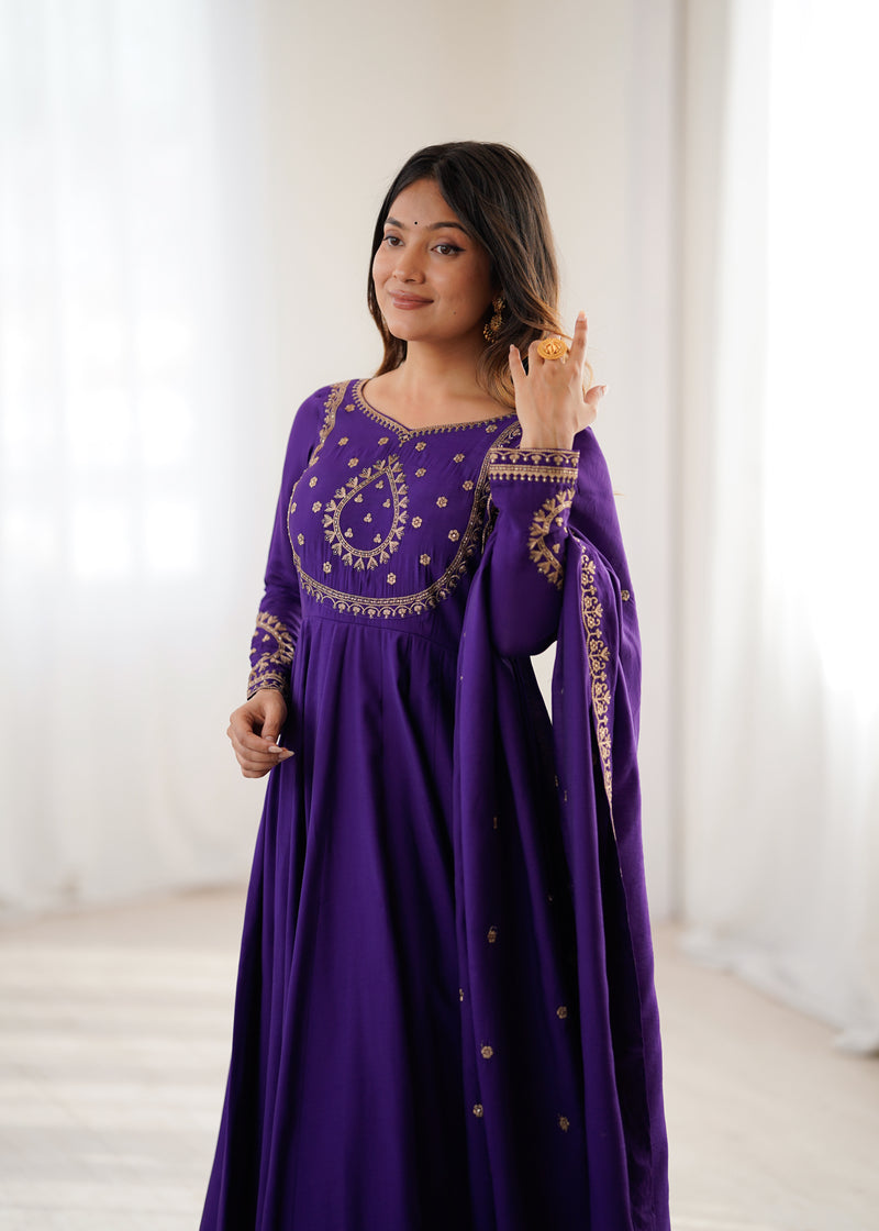 Womenline Purple Color Chanderi Silk Three Piece Anarkali Suit