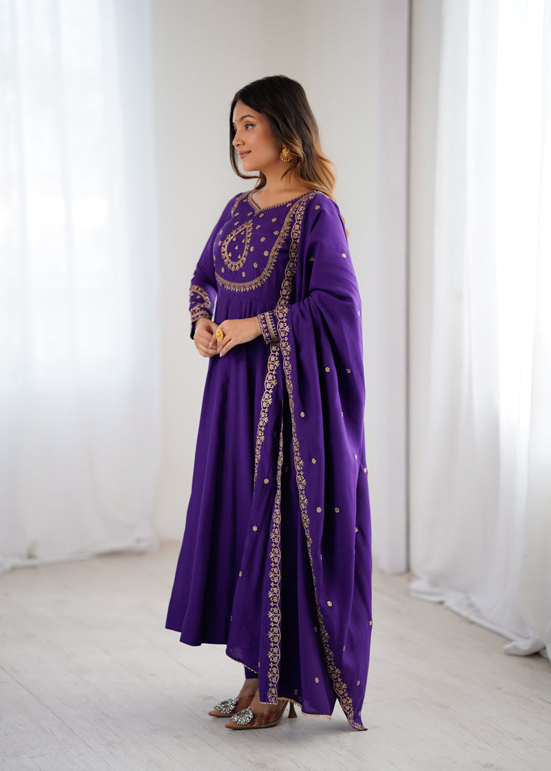Womenline Purple Color Chanderi Silk Three Piece Anarkali Suit