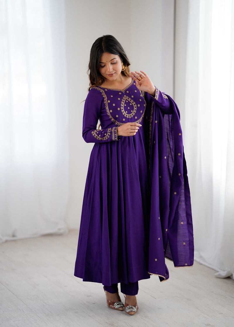 Womenline Purple Color Chanderi Silk Three Piece Anarkali Suit