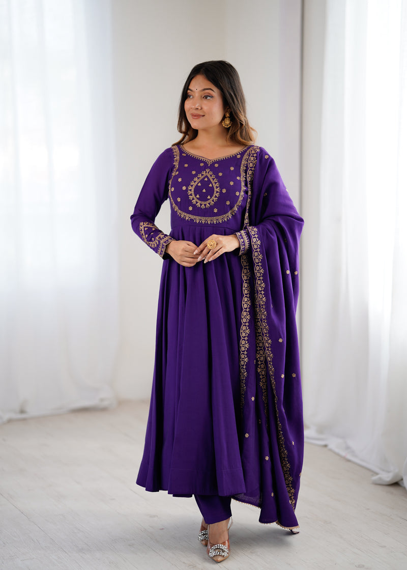 Womenline Purple Color Chanderi Silk Three Piece Anarkali Suit