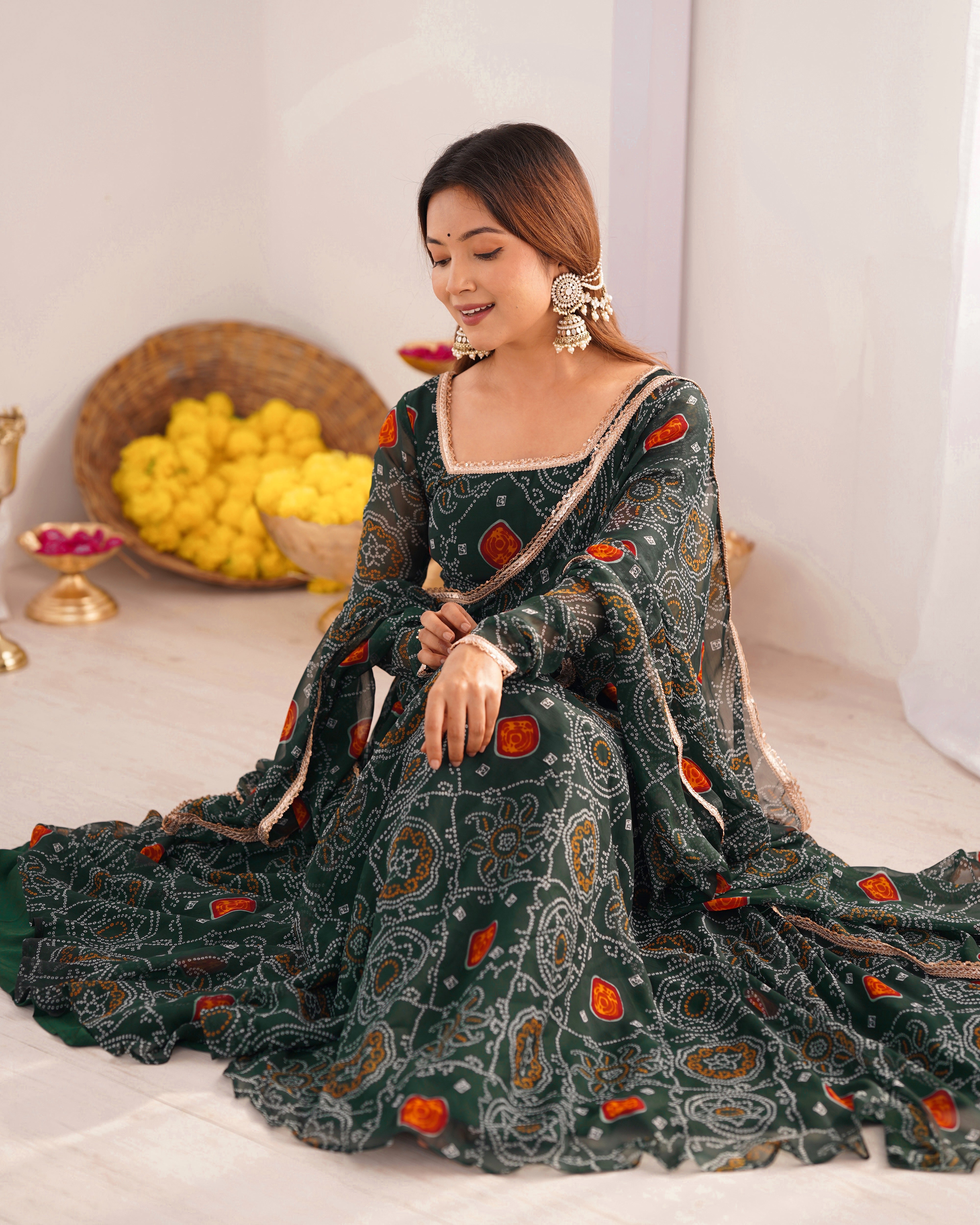 Womenline Green Color Bandhej Print Soft Chiffon Anarkali Gown