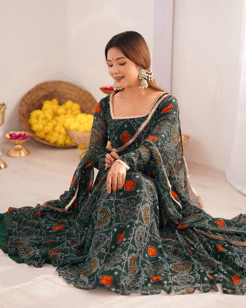 Womenline Green Color Bandhej Print Soft Chiffon Anarkali Gown