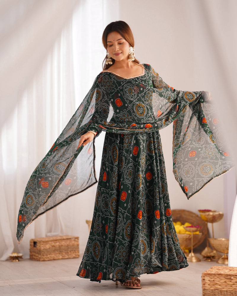Womenline Green Color Bandhej Print Soft Chiffon Anarkali Gown
