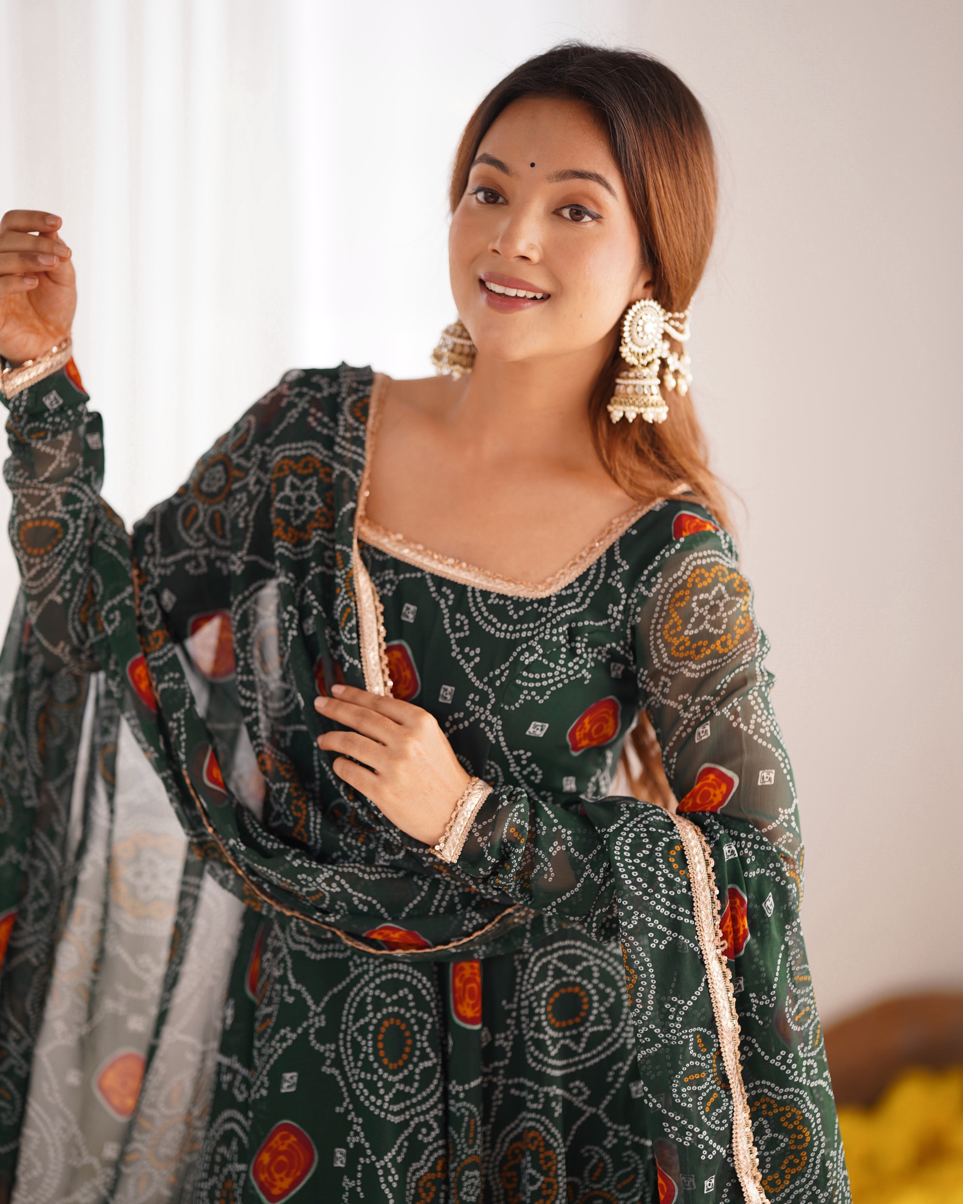 Womenline Green Color Bandhej Print Soft Chiffon Anarkali Gown