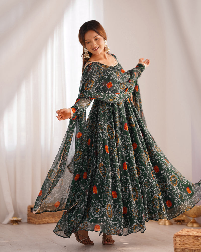 Womenline Green Color Bandhej Print Soft Chiffon Anarkali Gown