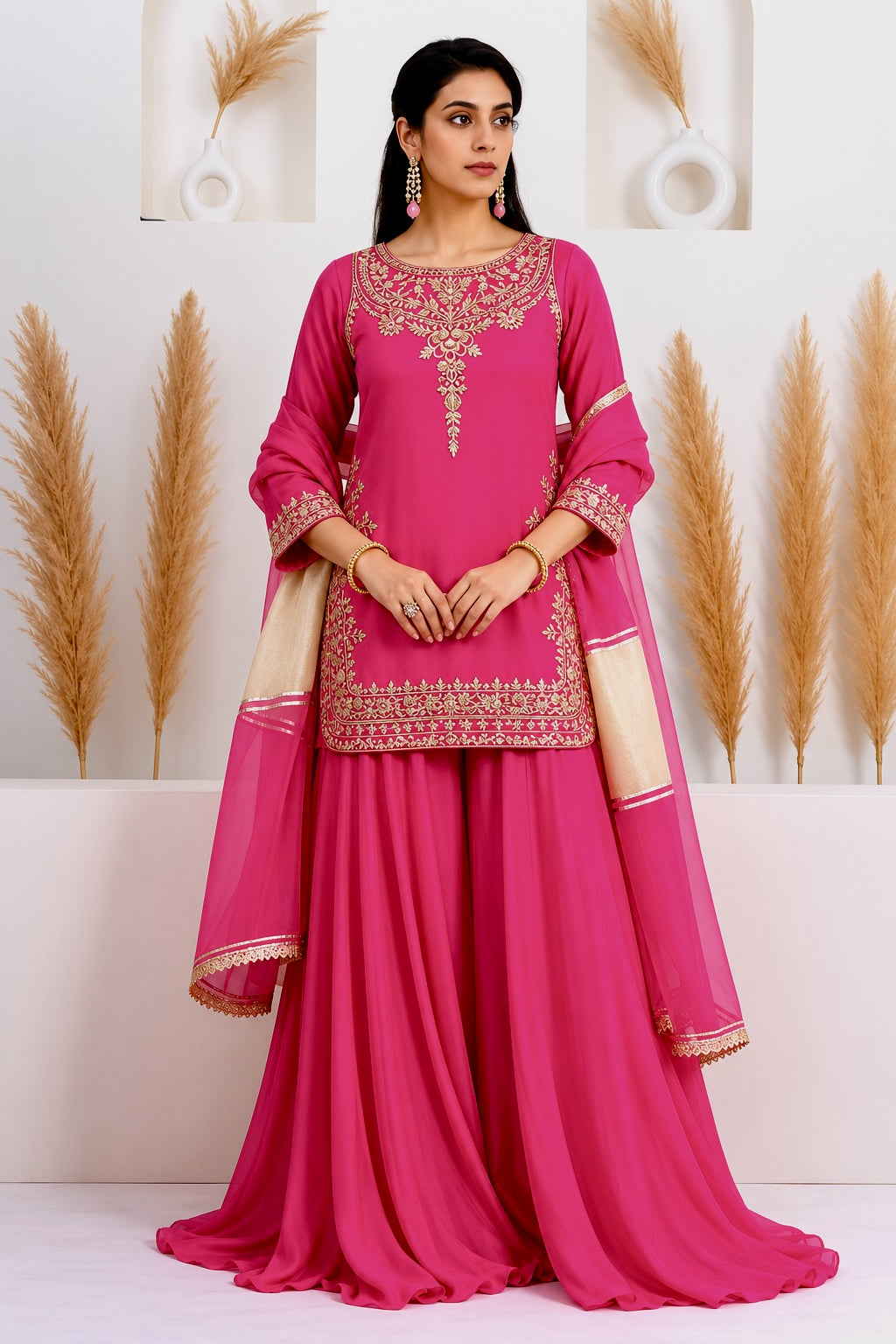 Womenline Rani Pink Embroidered Kurta Sharara Set with Dupatta