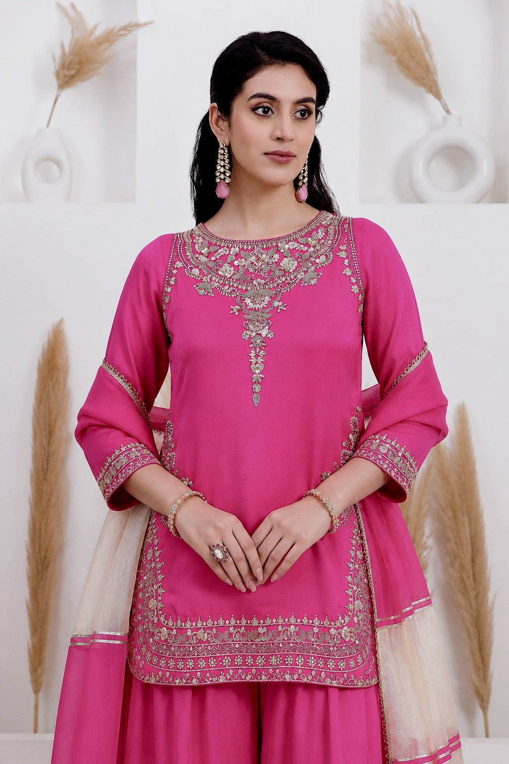 Womenline Rani Pink Embroidered Kurta Sharara Set with Dupatta